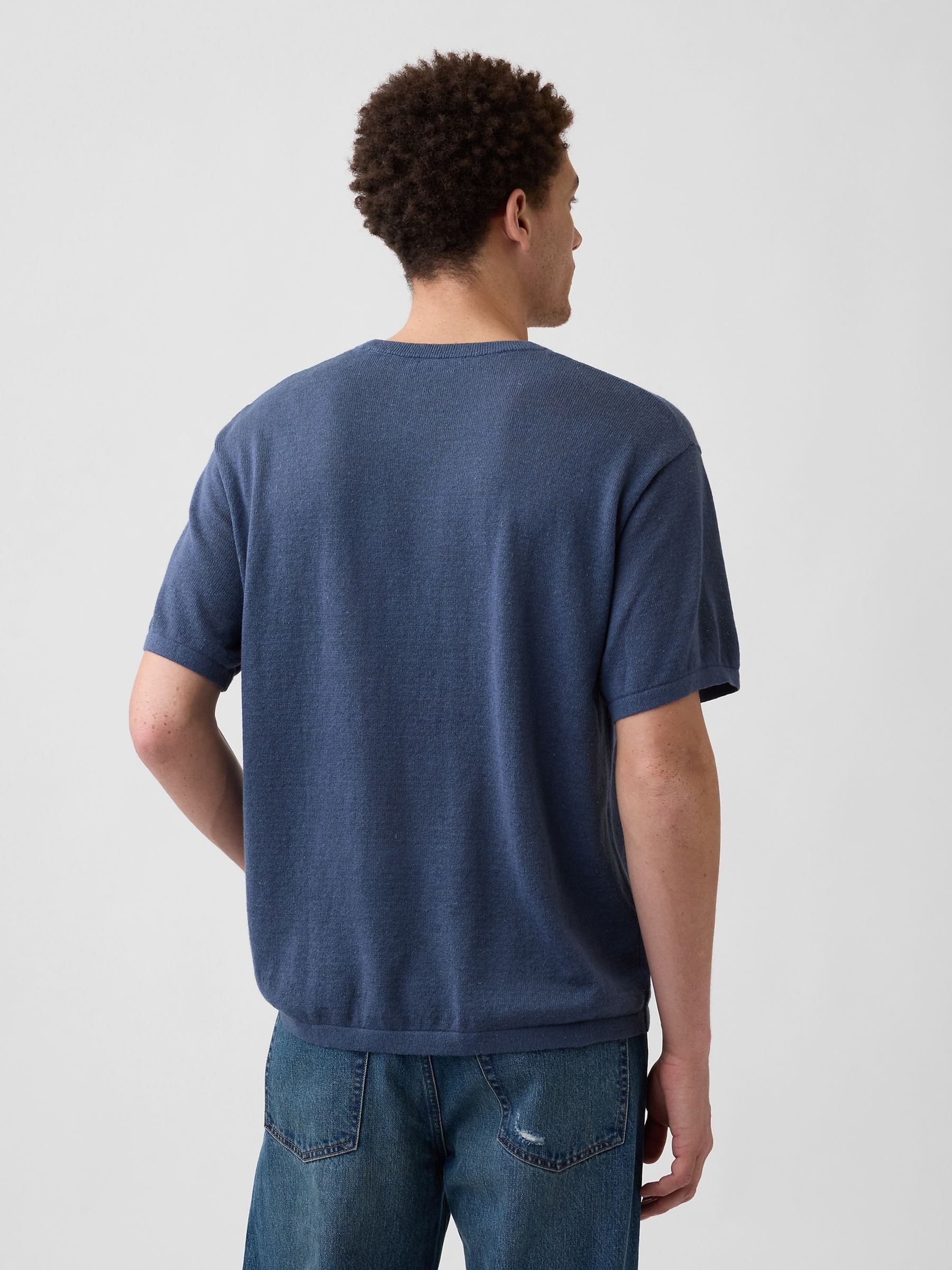 Navy Linen-Blend Knit Short Sleeve T-Shirt - Image 2 of 4