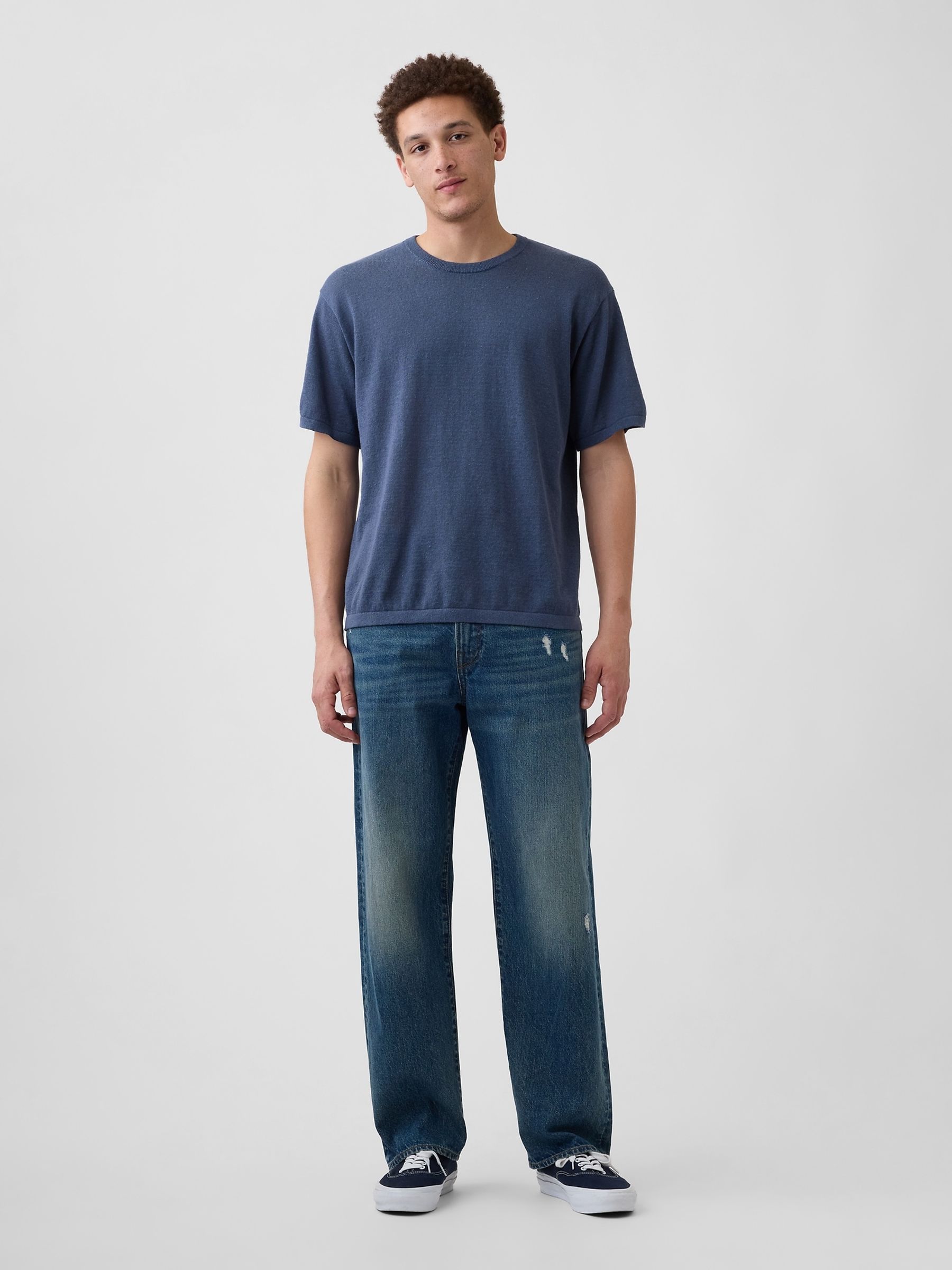 Navy Linen-Blend Knit Short Sleeve T-Shirt - Image 3 of 4