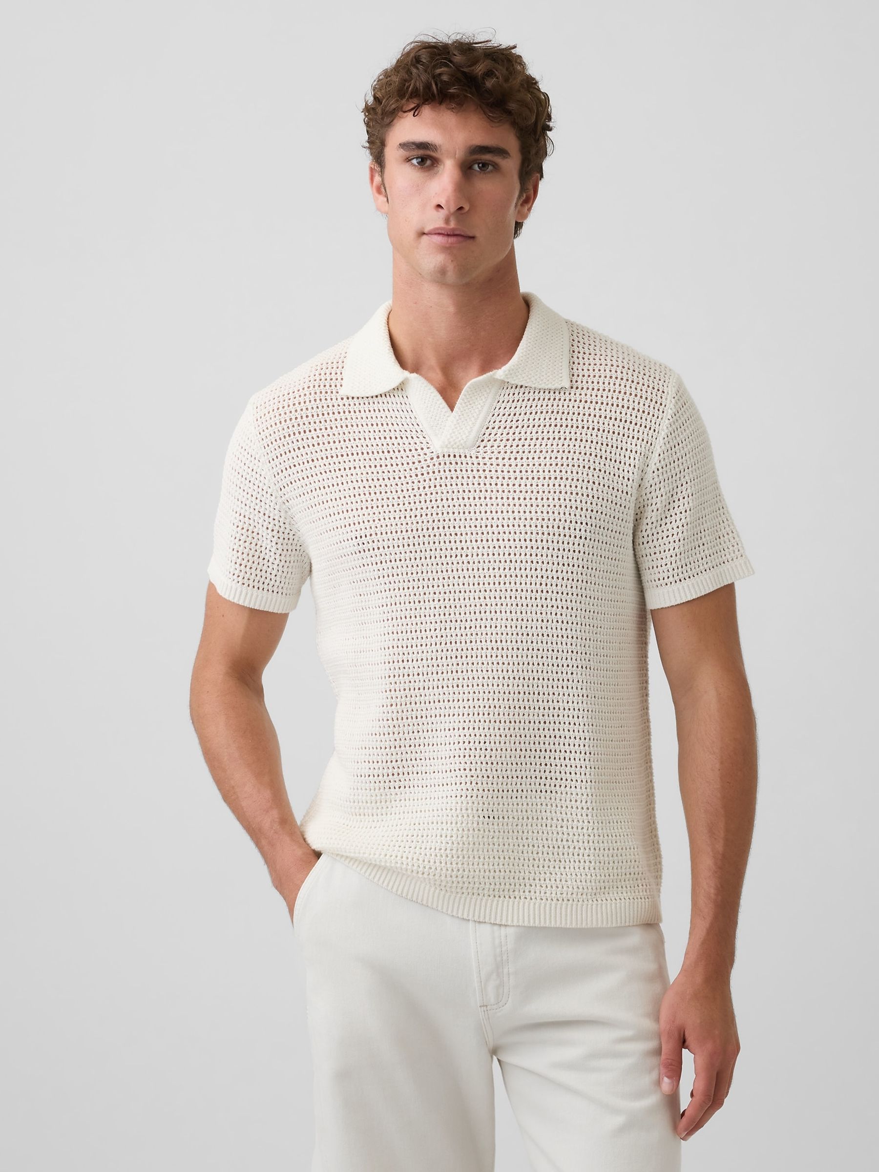 Cream Mesh Polo Shirt - Image 1 of 4