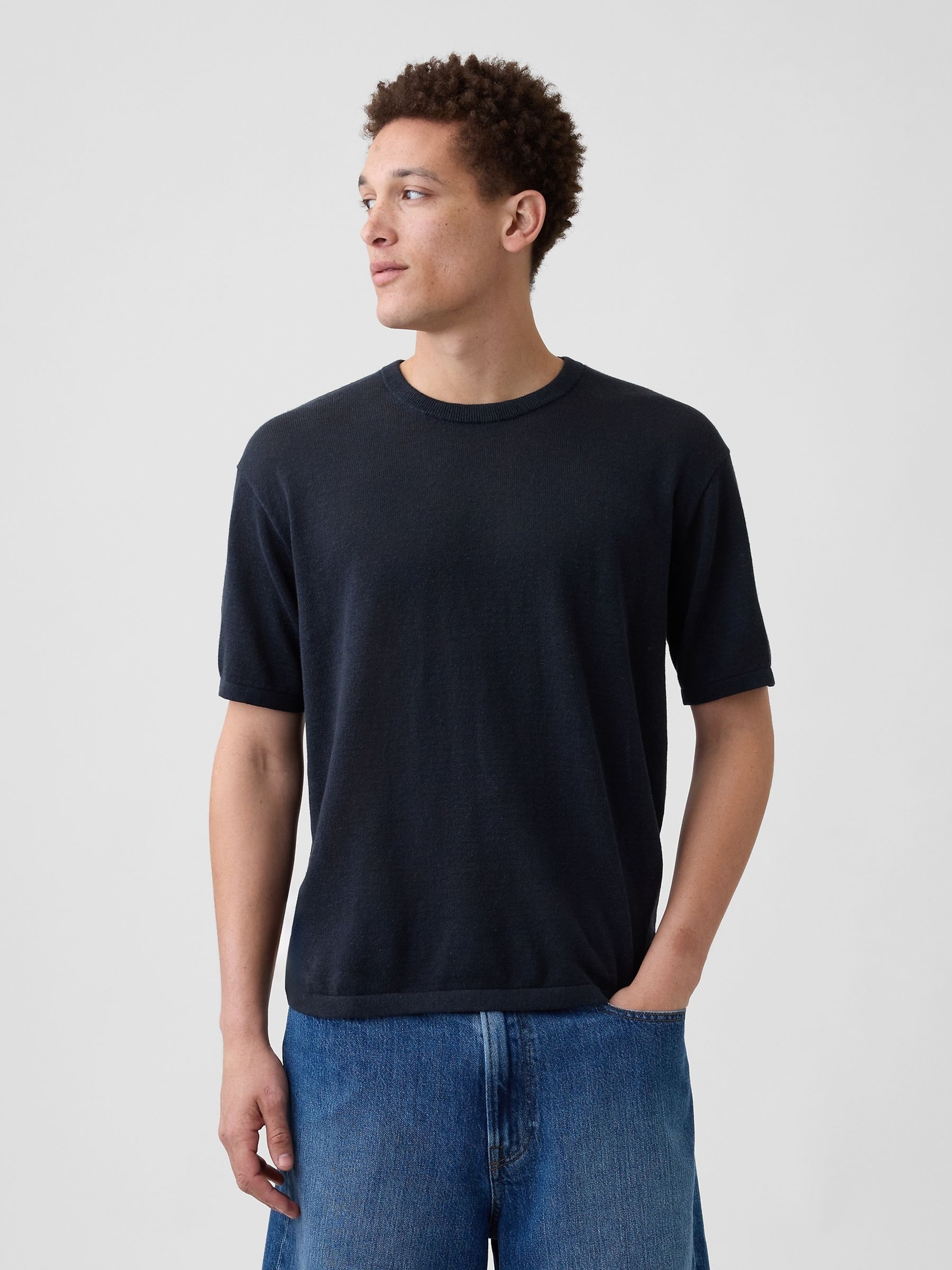 Black Linen-Blend Knit Short Sleeve T-Shirt - Image 1 of 4