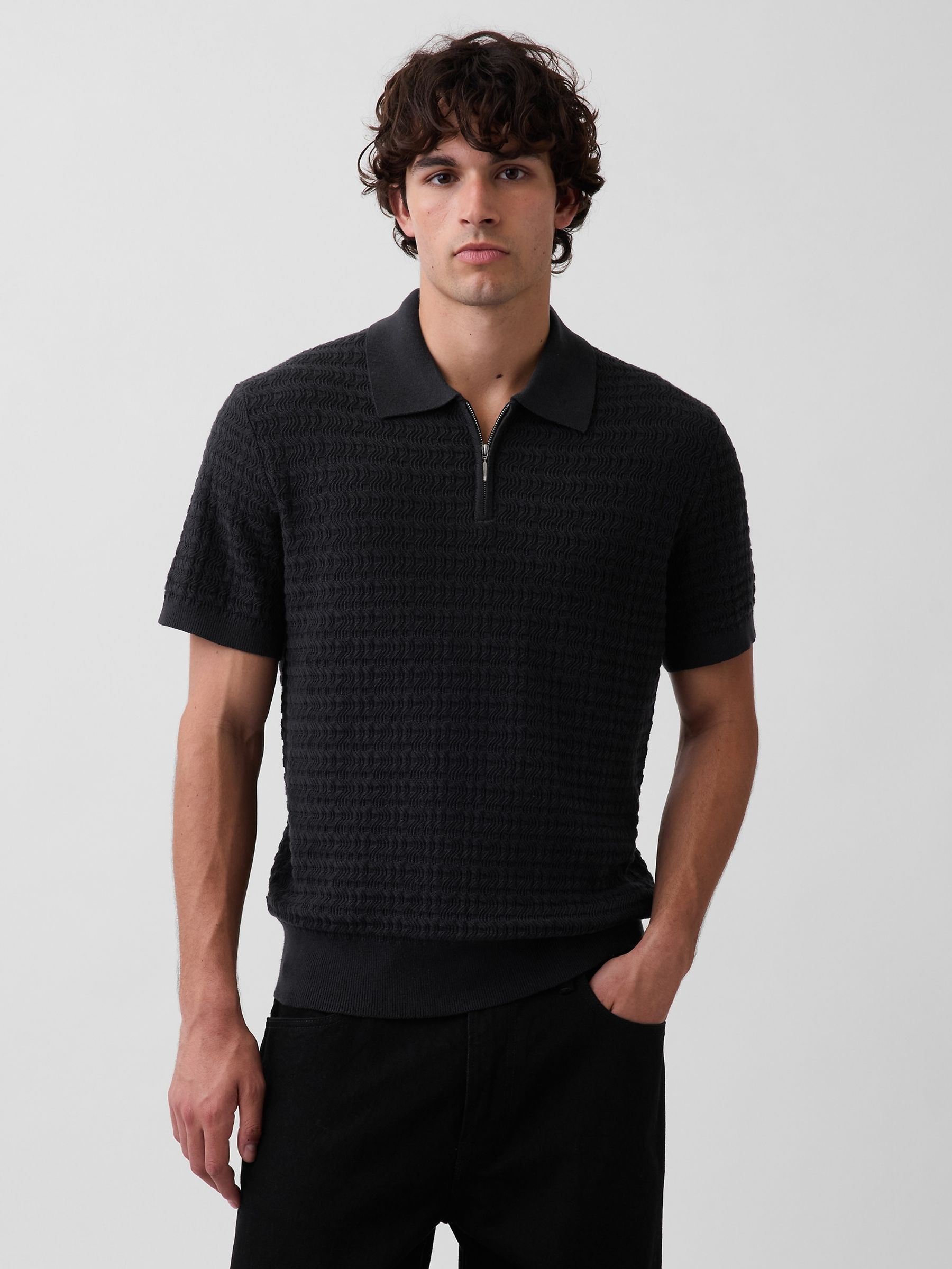 Black Textured Zip Knitted Polo Shirt - Image 1 of 4