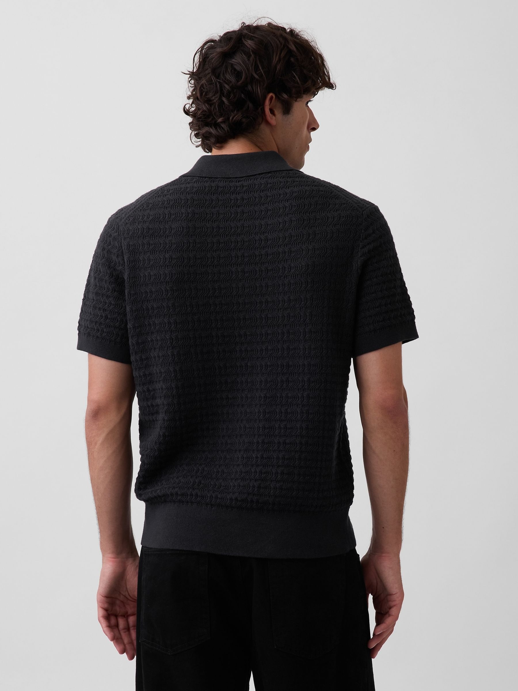 Black Textured Zip Knitted Polo Shirt - Image 2 of 4
