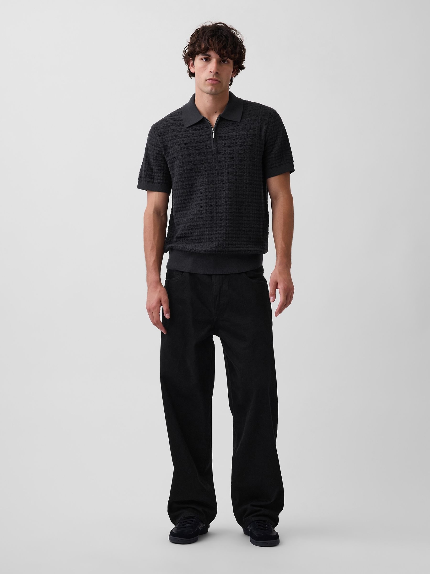 Black Textured Zip Knitted Polo Shirt - Image 3 of 4