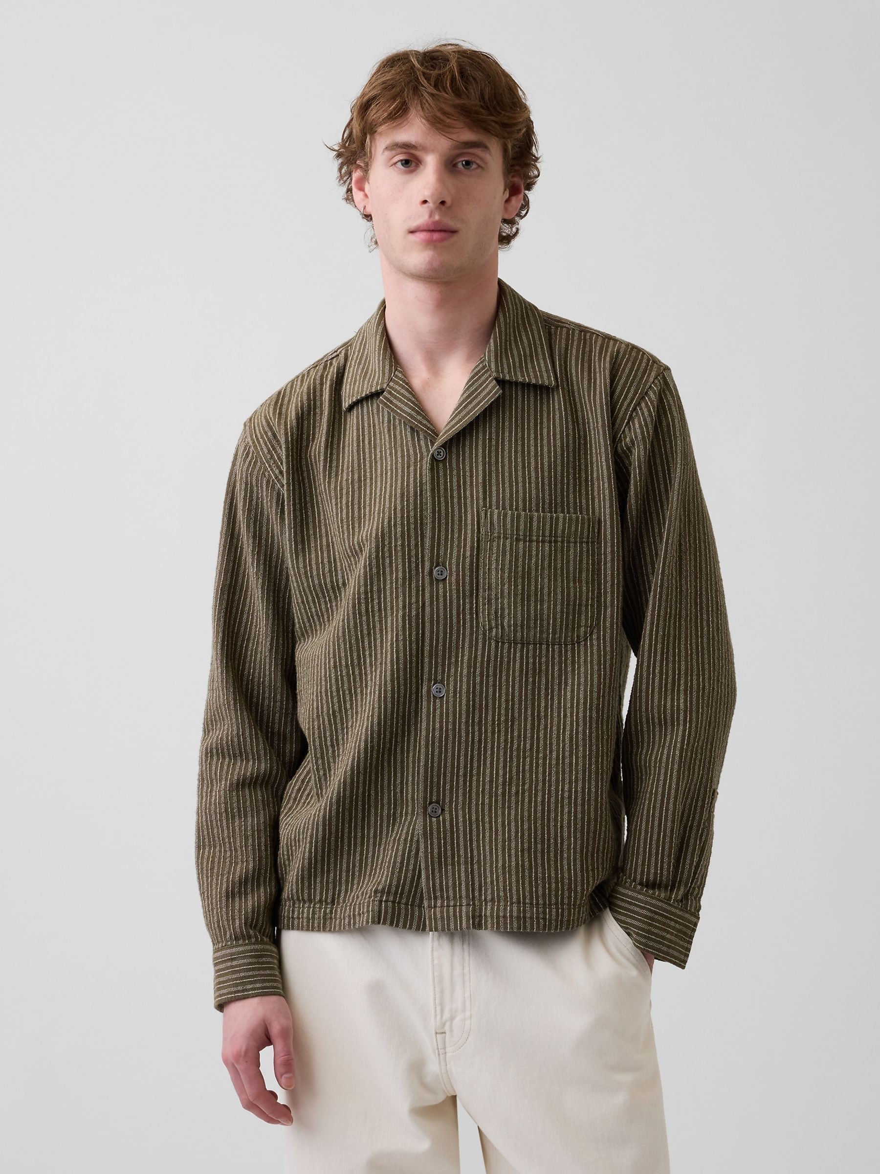 Green Dobby Stripe Relaxed Straight-Hem Shirt - Image 1 of 4