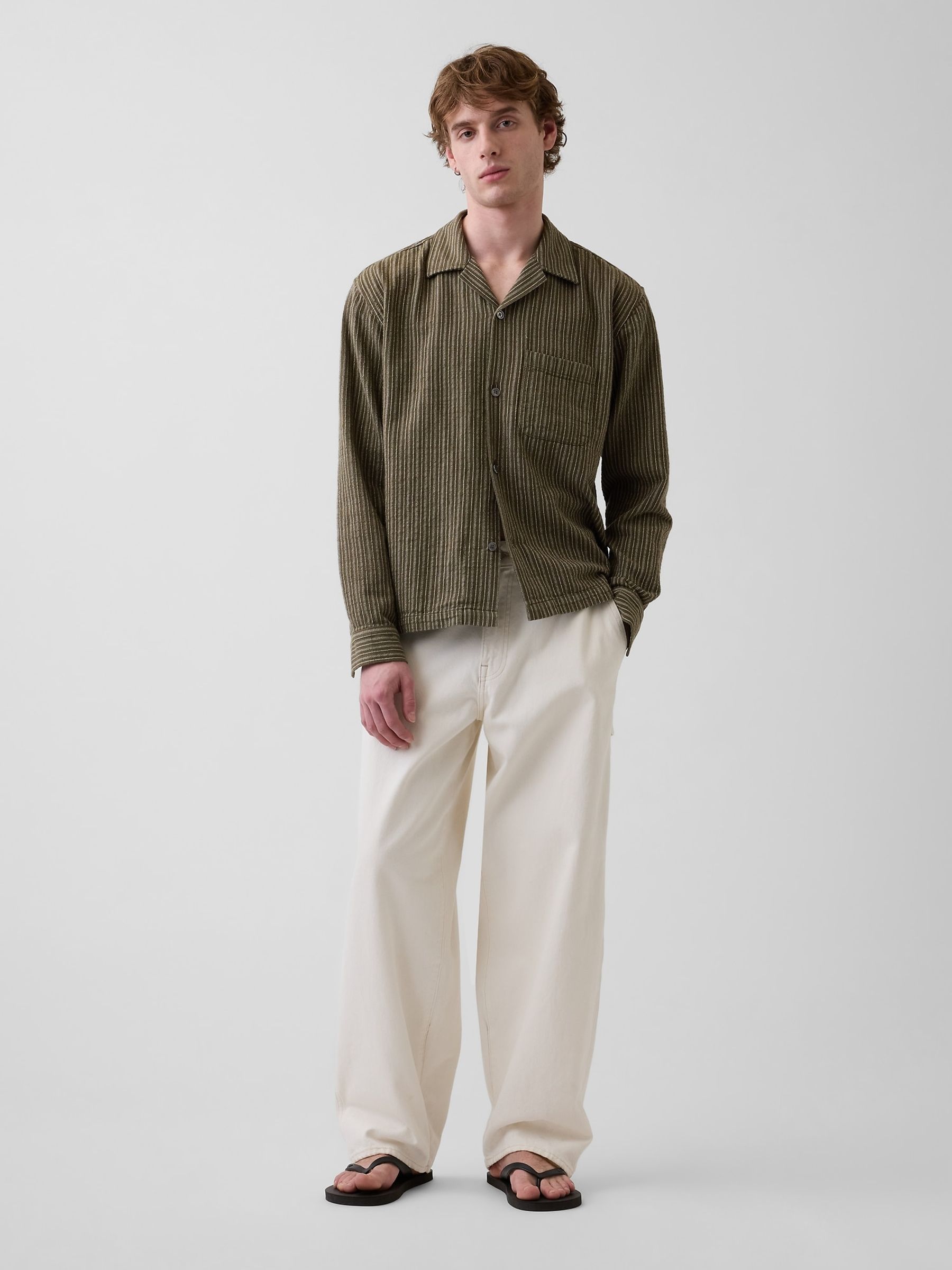 Green Dobby Stripe Relaxed Straight-Hem Shirt - Image 3 of 4