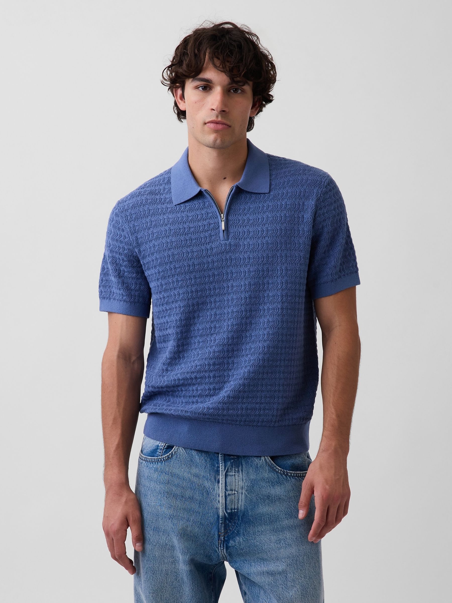 Blue Textured Zip Knitted Polo Shirt - Image 1 of 4 Blue Textured Zip Knitted Polo Shirt - Image 1 of 4