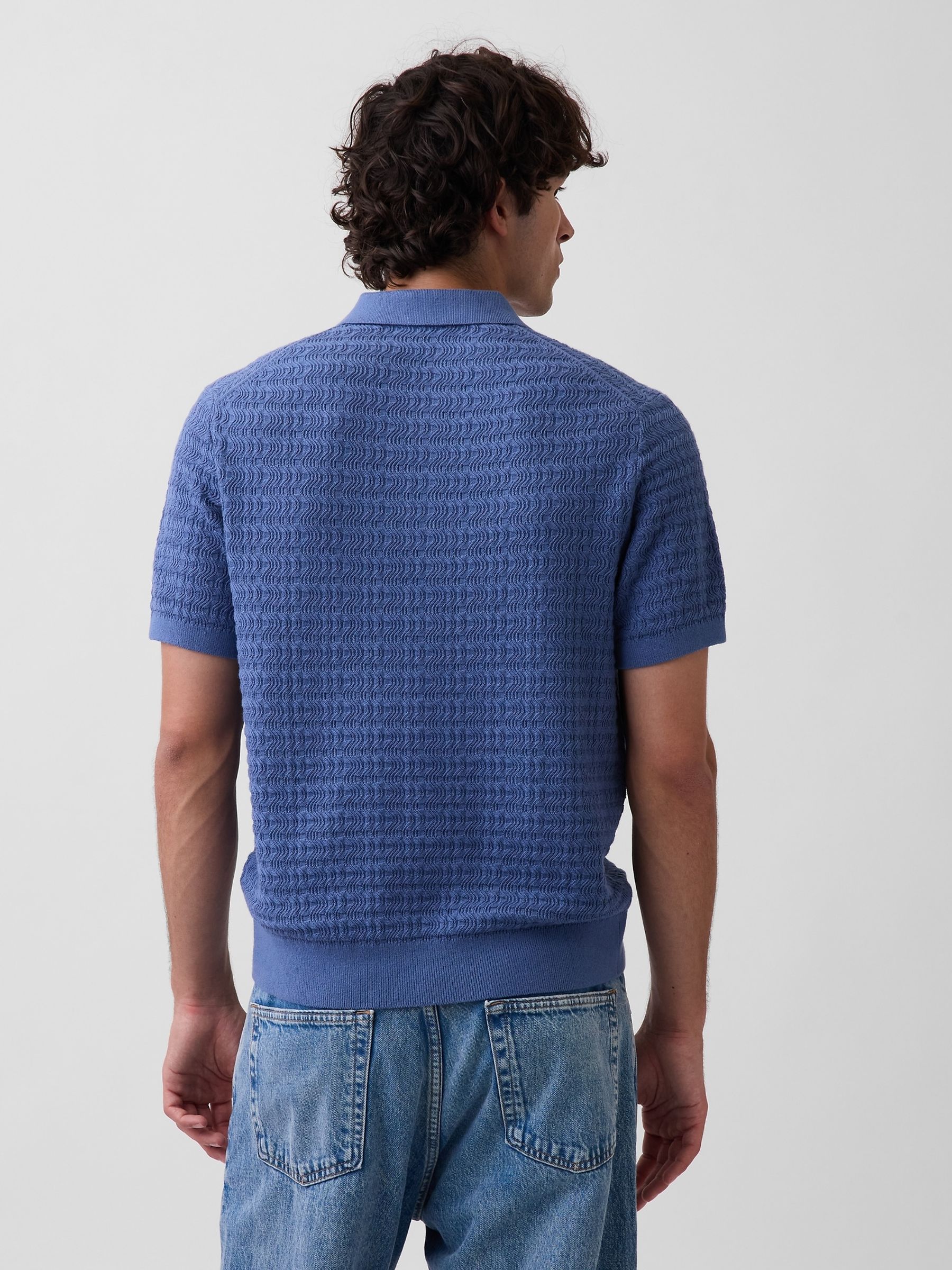 Blue Textured Zip Knitted Polo Shirt - Image 2 of 4