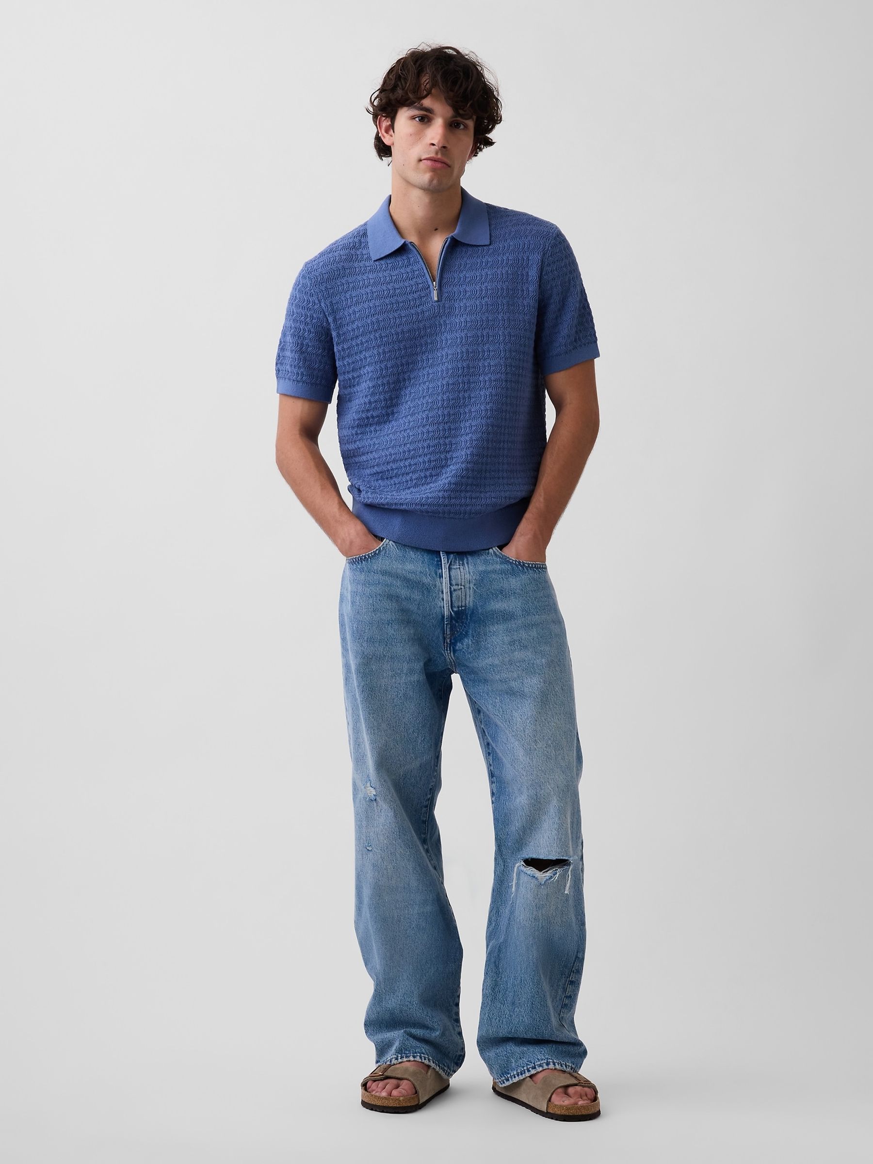 Blue Textured Zip Knitted Polo Shirt - Image 3 of 4