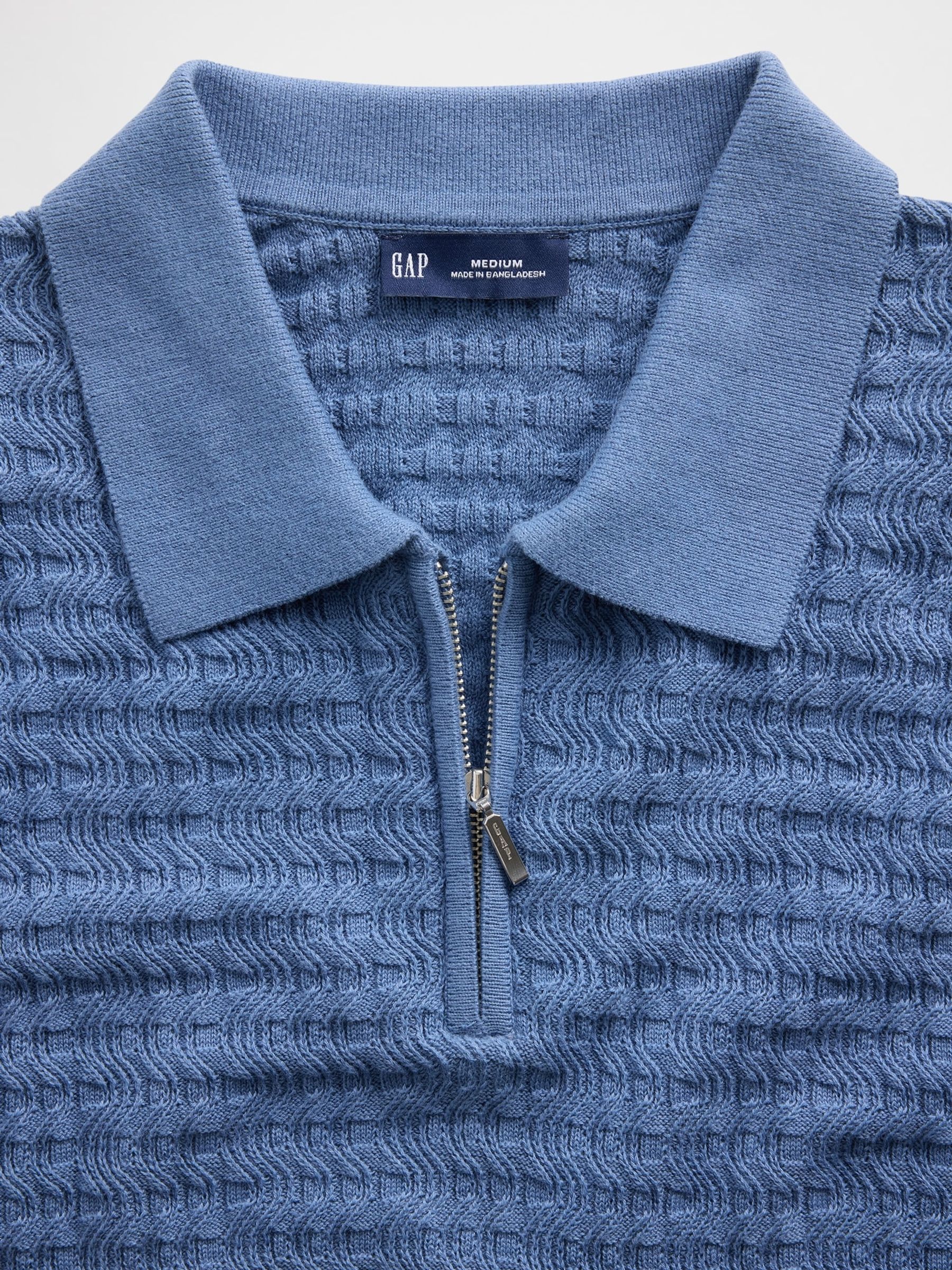 Blue Textured Zip Knitted Polo Shirt - Image 4 of 4 Blue Textured Zip Knitted Polo Shirt - Image 4 of 4