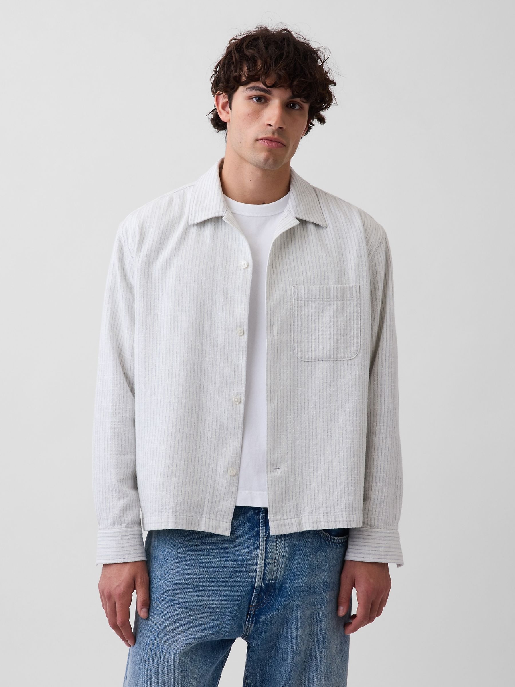 White Dobby Stripe Relaxed Straight-Hem Shirt - Image 1 of 4 White Dobby Stripe Relaxed Straight-Hem Shirt - Image 1 of 4