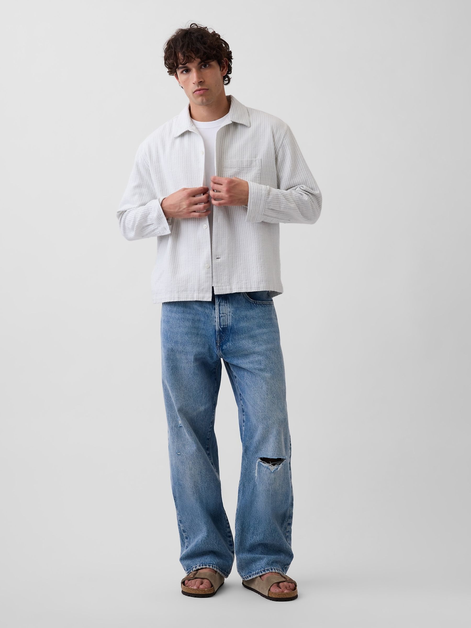 White Dobby Stripe Relaxed Straight-Hem Shirt - Image 3 of 4