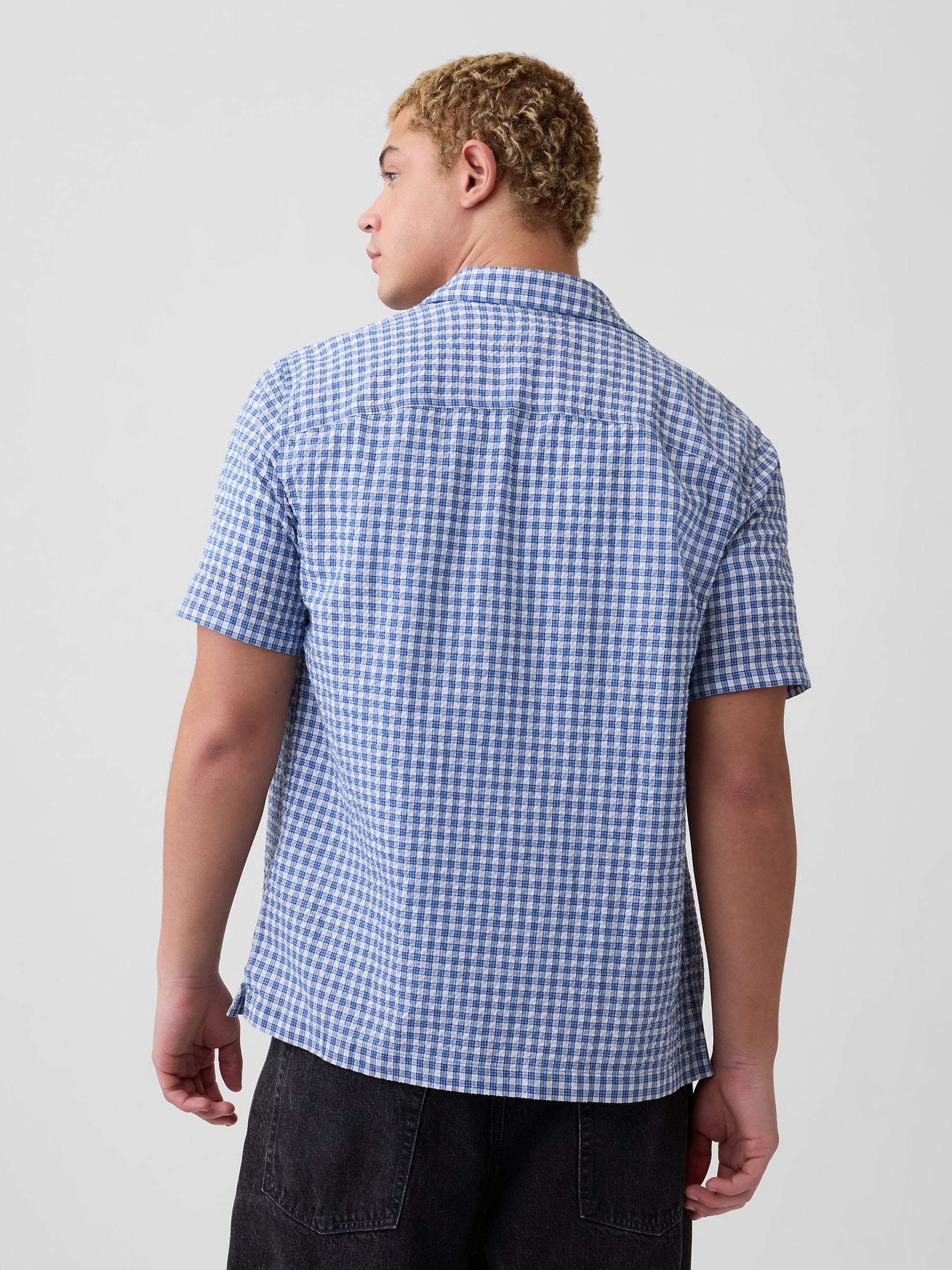 Blue Check Crinkle-Cotton Holiday Shirt - Image 2 of 5
