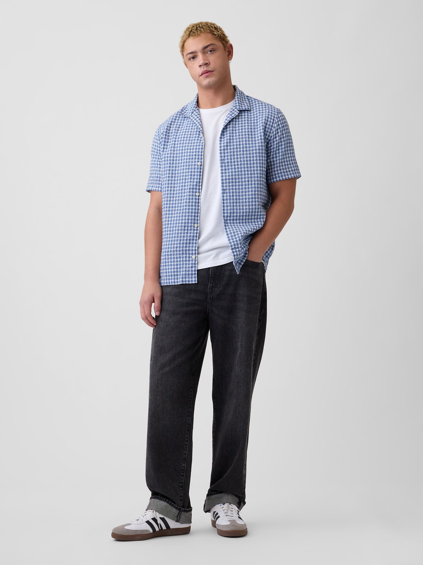 Blue Check Crinkle-Cotton Holiday Shirt - Image 3 of 5