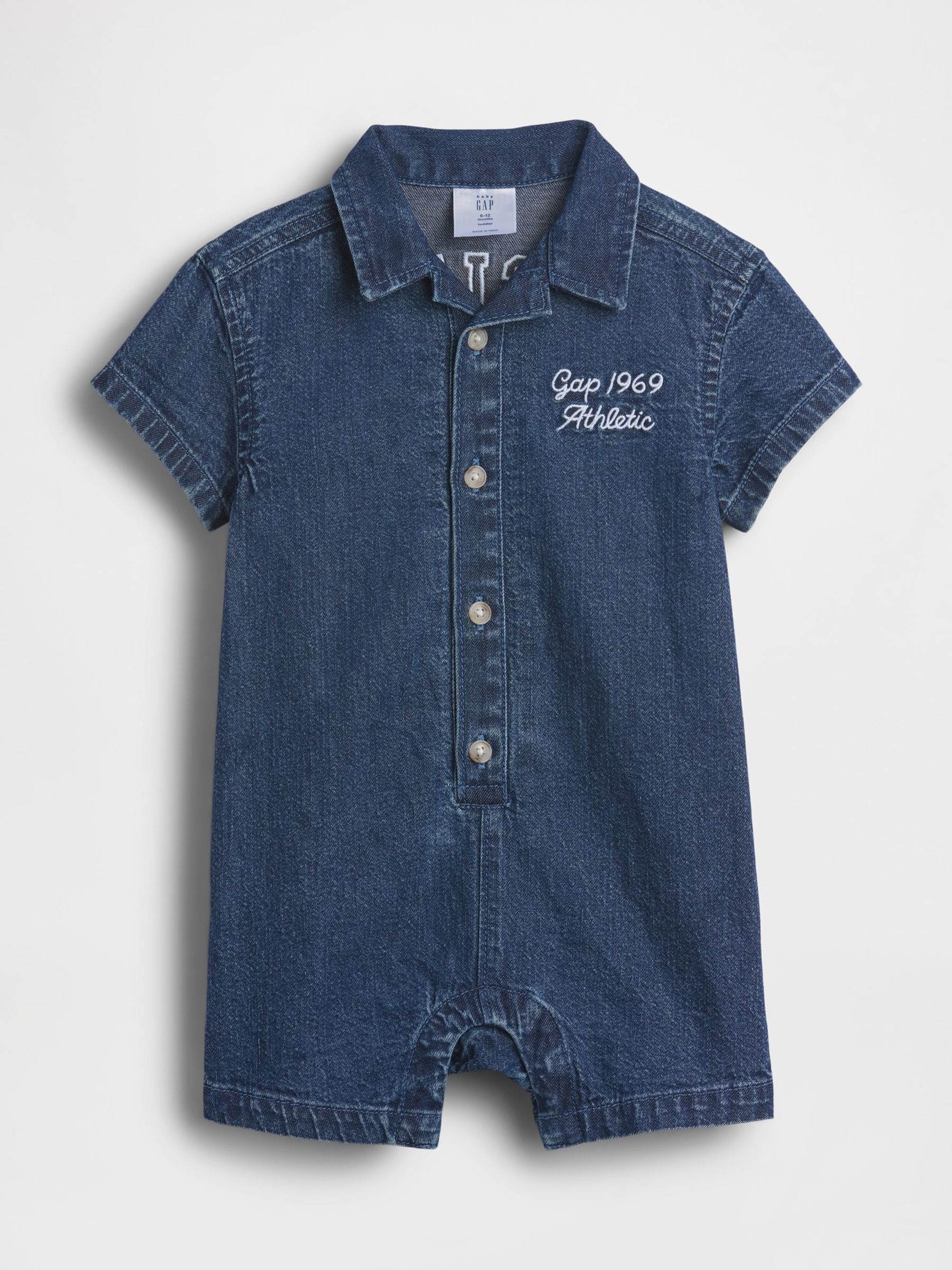 Medium Wash Denim Logo Shorts One-Piece - Image 1 of 4