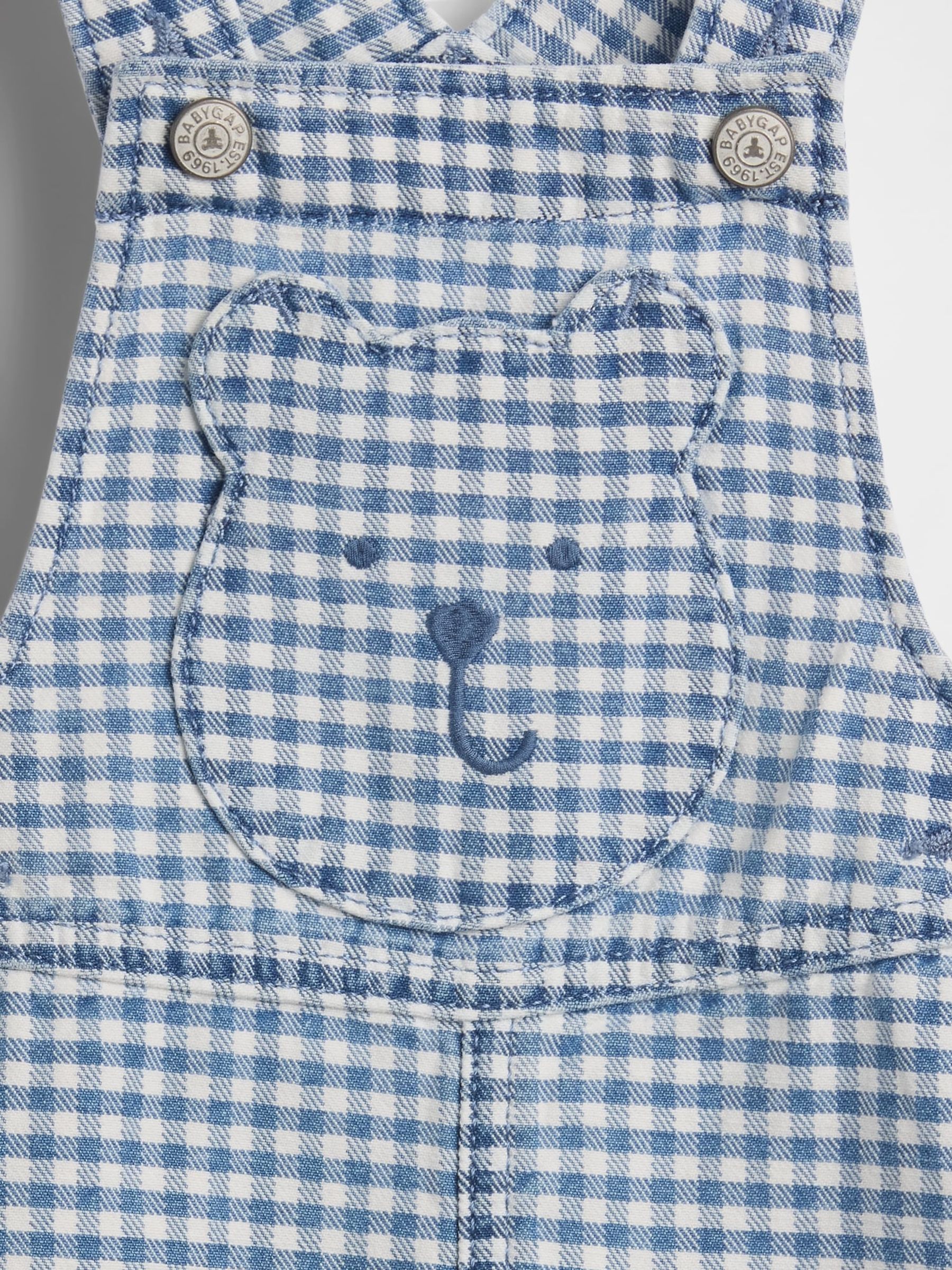 Blue Gingham Denim Bear Pocket Short Dungarees - Image 3 of 3