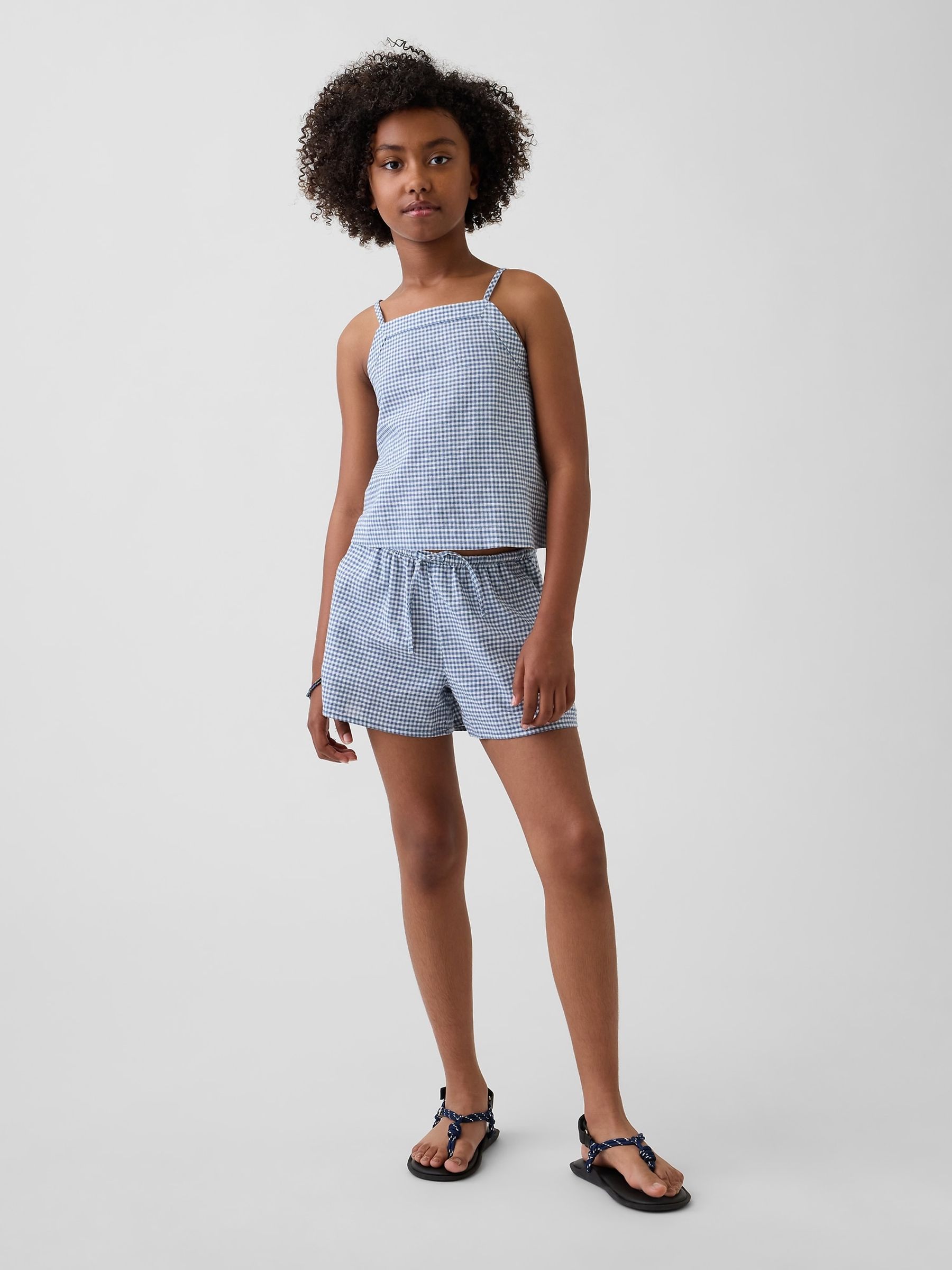 Blue Linen-Cotton Gingham Easy Shorts - Image 1 of 6