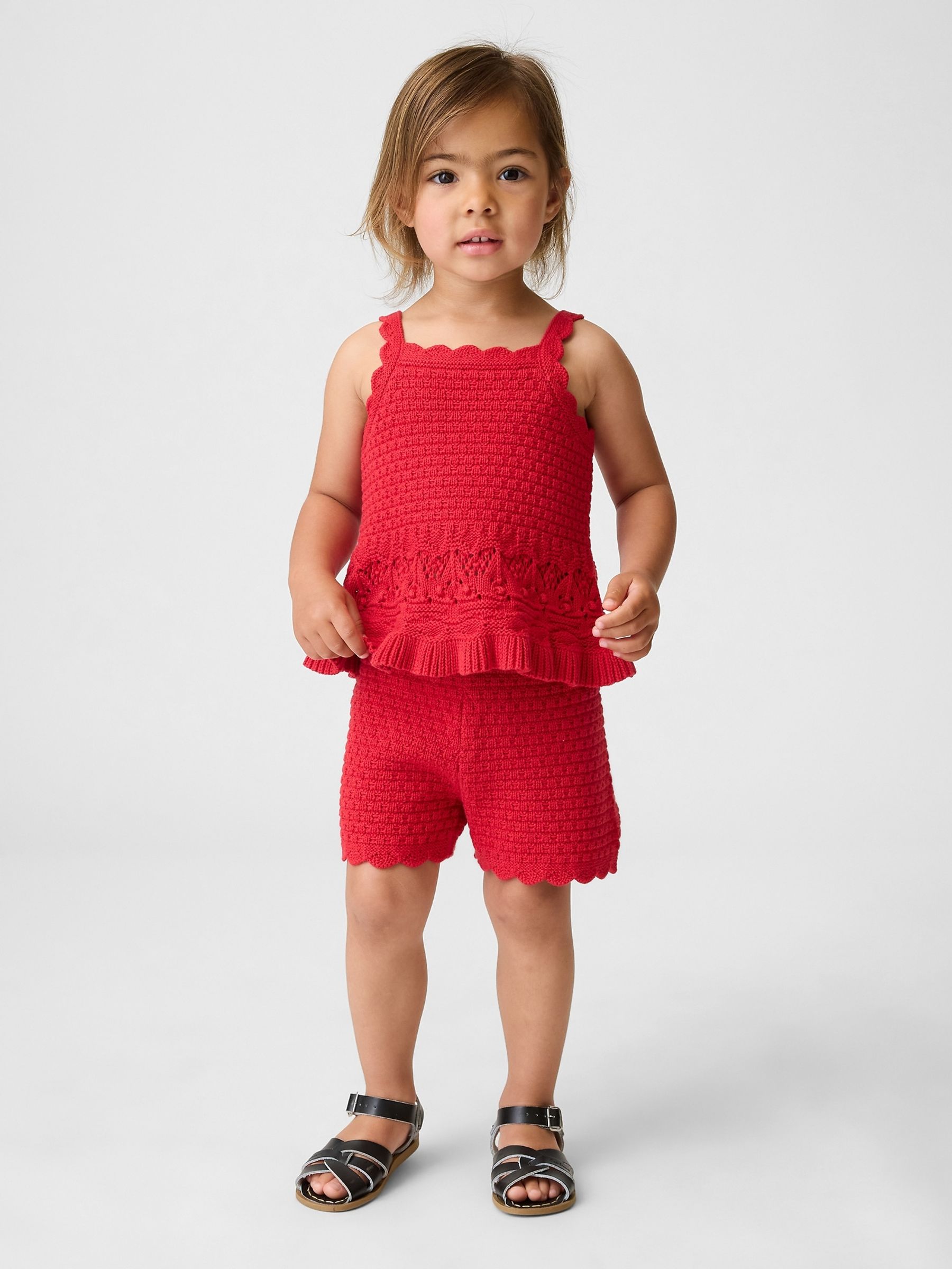Red Crochet Scalloped Pull On Shorts - Image 1 of 4