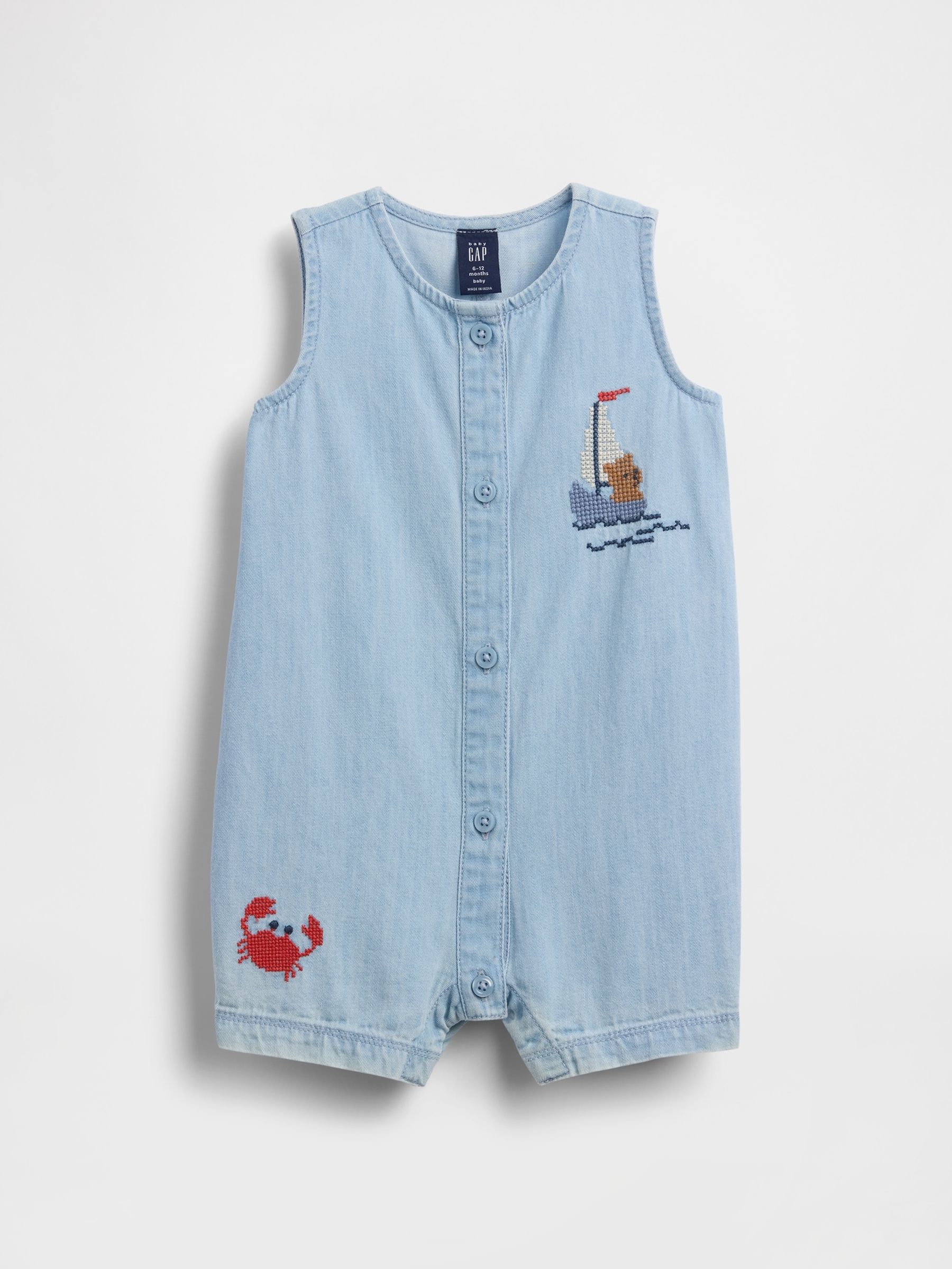 Light Wash Embroidered Denim Vest Shorts One-Piece - Image 1 of 4