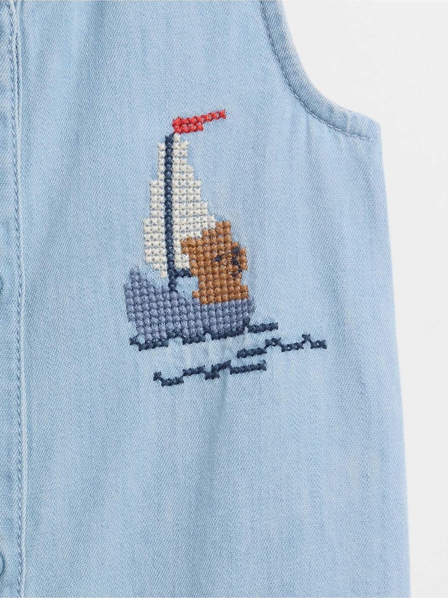 Light Wash Embroidered Denim Vest Shorts One-Piece - Image 3 of 4