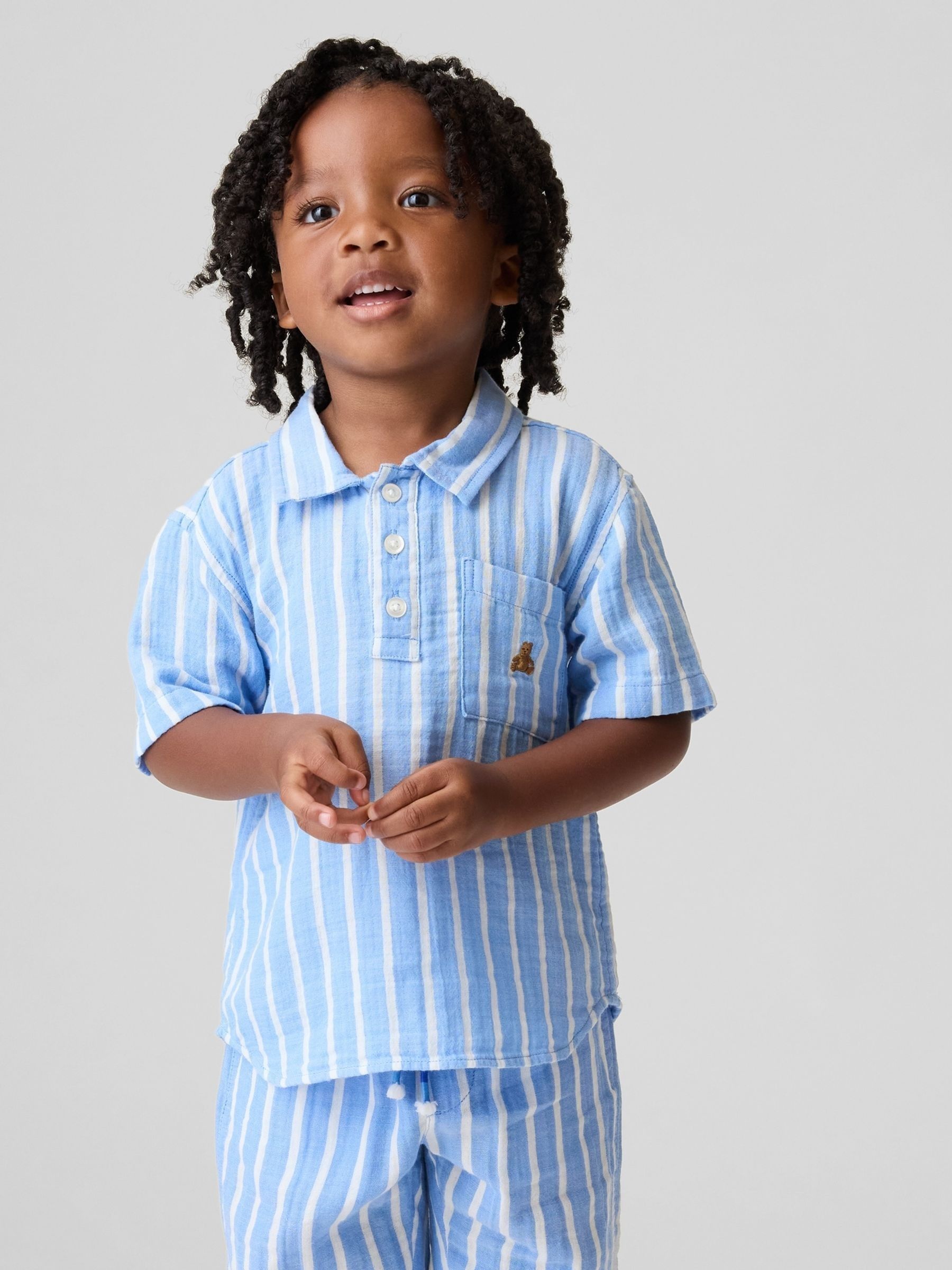 Blue Stripe Gauze Print Polo Shirt - Image 1 of 4