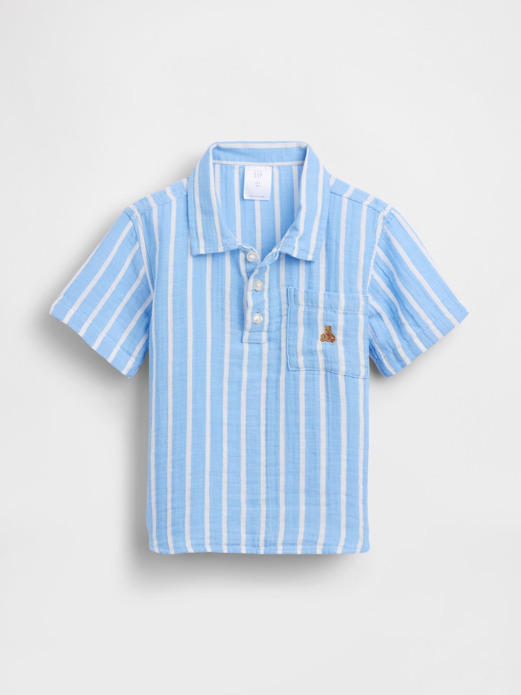 Blue Stripe Gauze Print Polo Shirt - Image 2 of 4