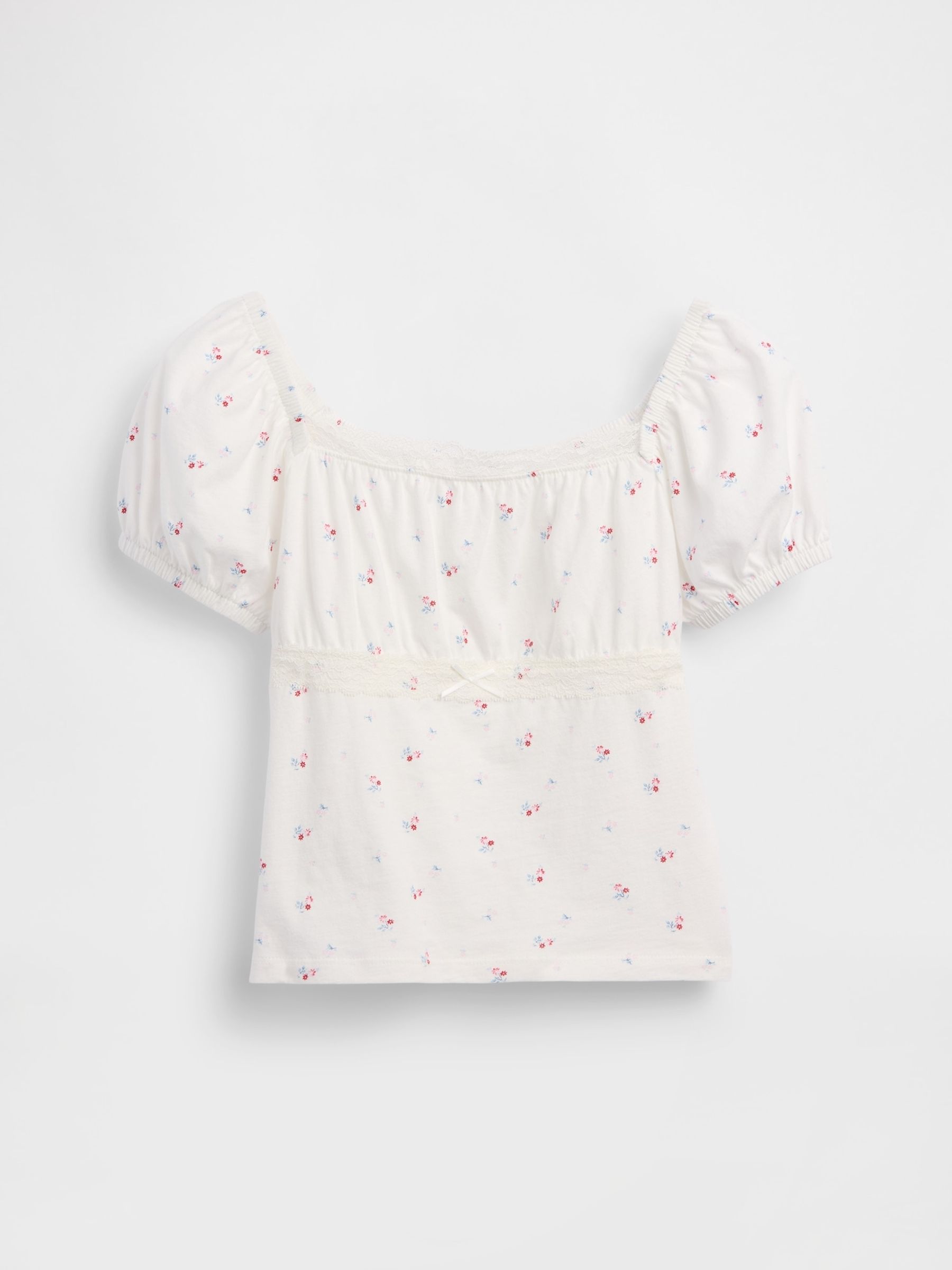 White Lace-Trim Puff-Sleeve Top - Image 3 of 4