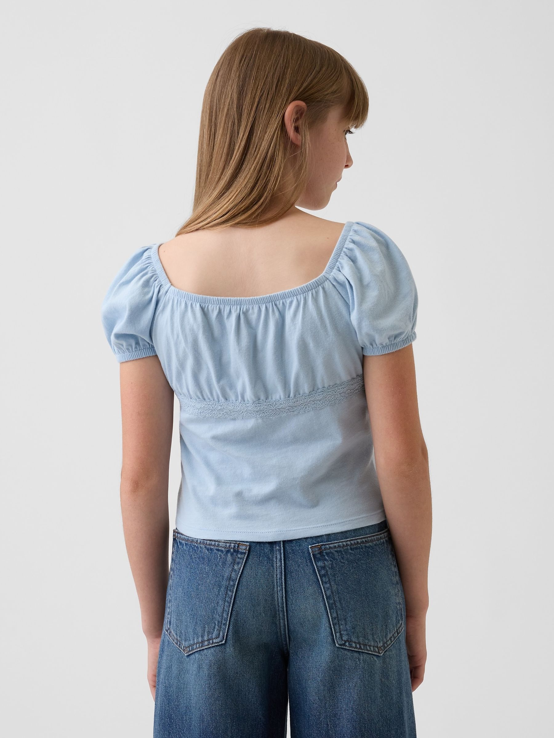 Blue Lace-Trim Puff-Sleeve Top - Image 2 of 2