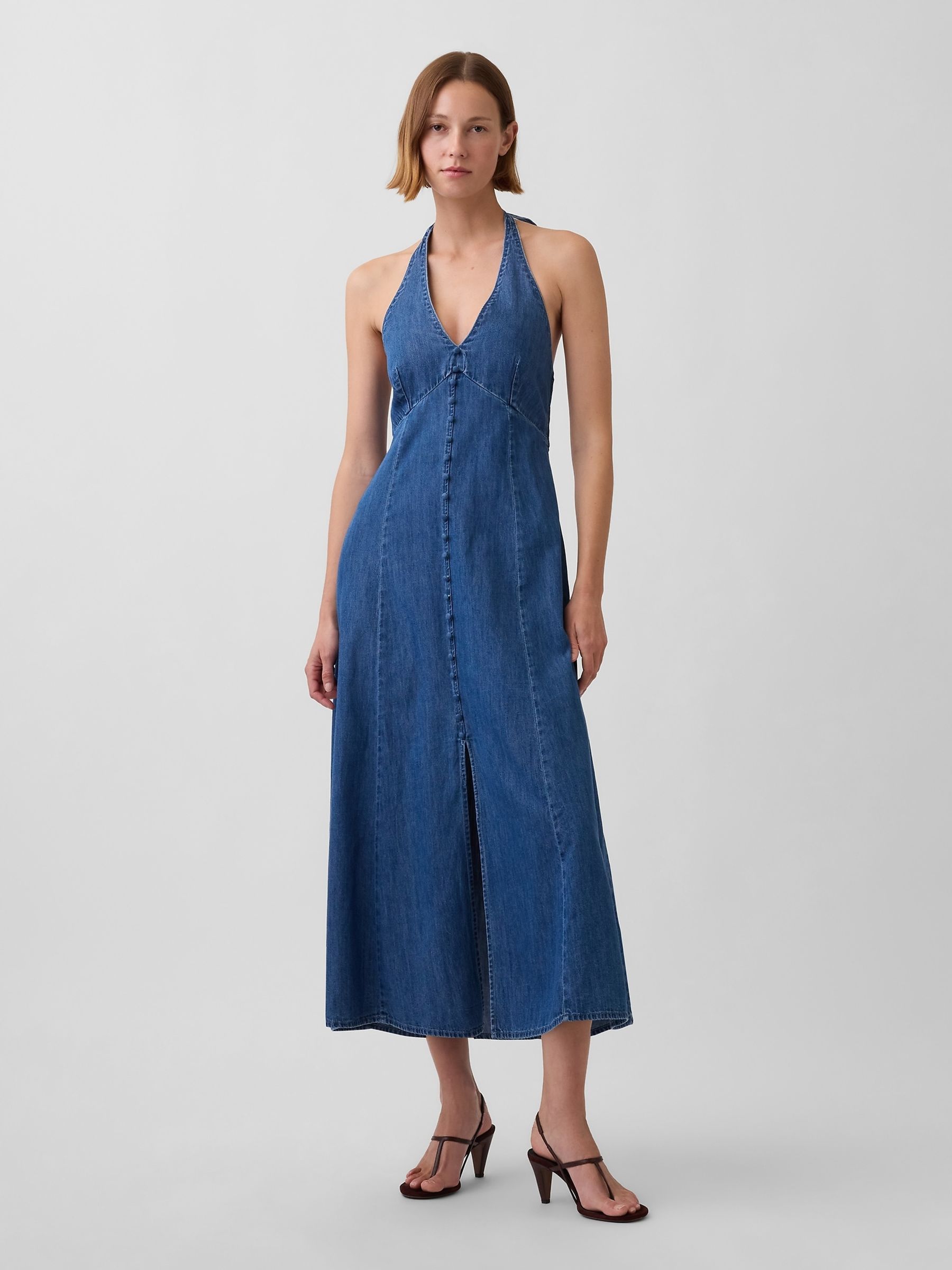 Medium Wash Denim Seamed Halter Maxi Dress - Image 1 of 3