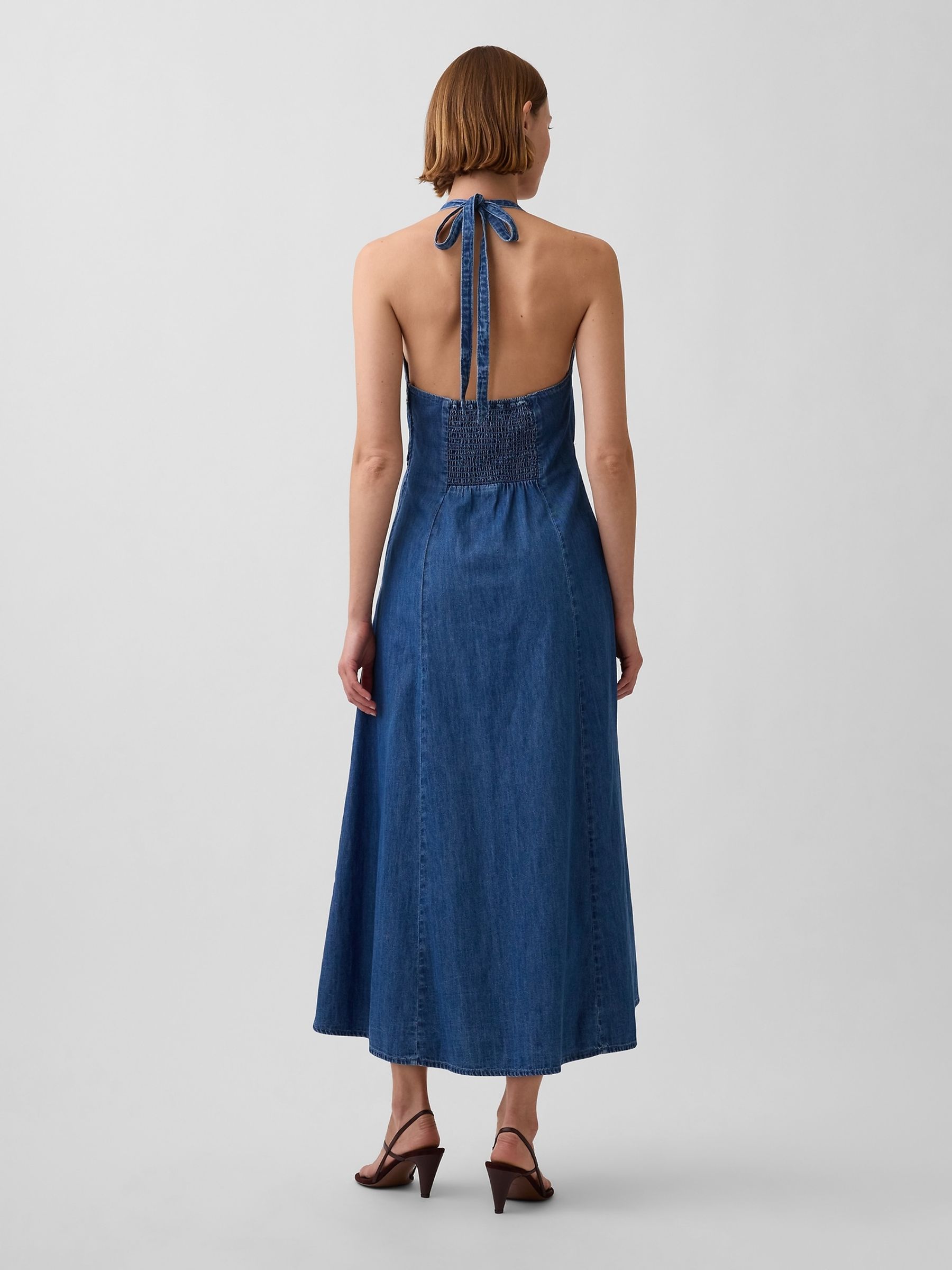 Medium Wash Denim Seamed Halter Maxi Dress - Image 2 of 3