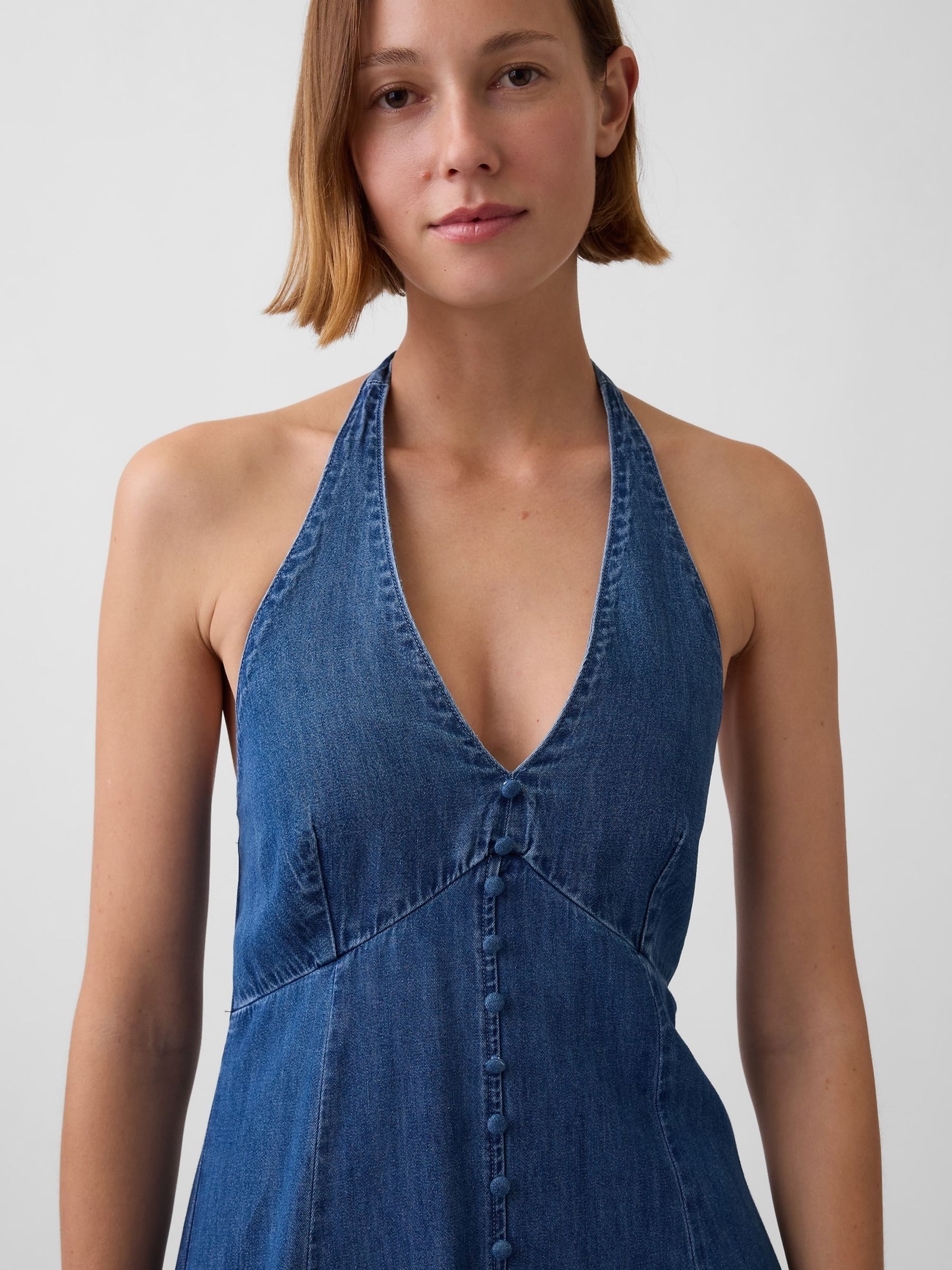 Medium Wash Denim Seamed Halter Maxi Dress - Image 3 of 3