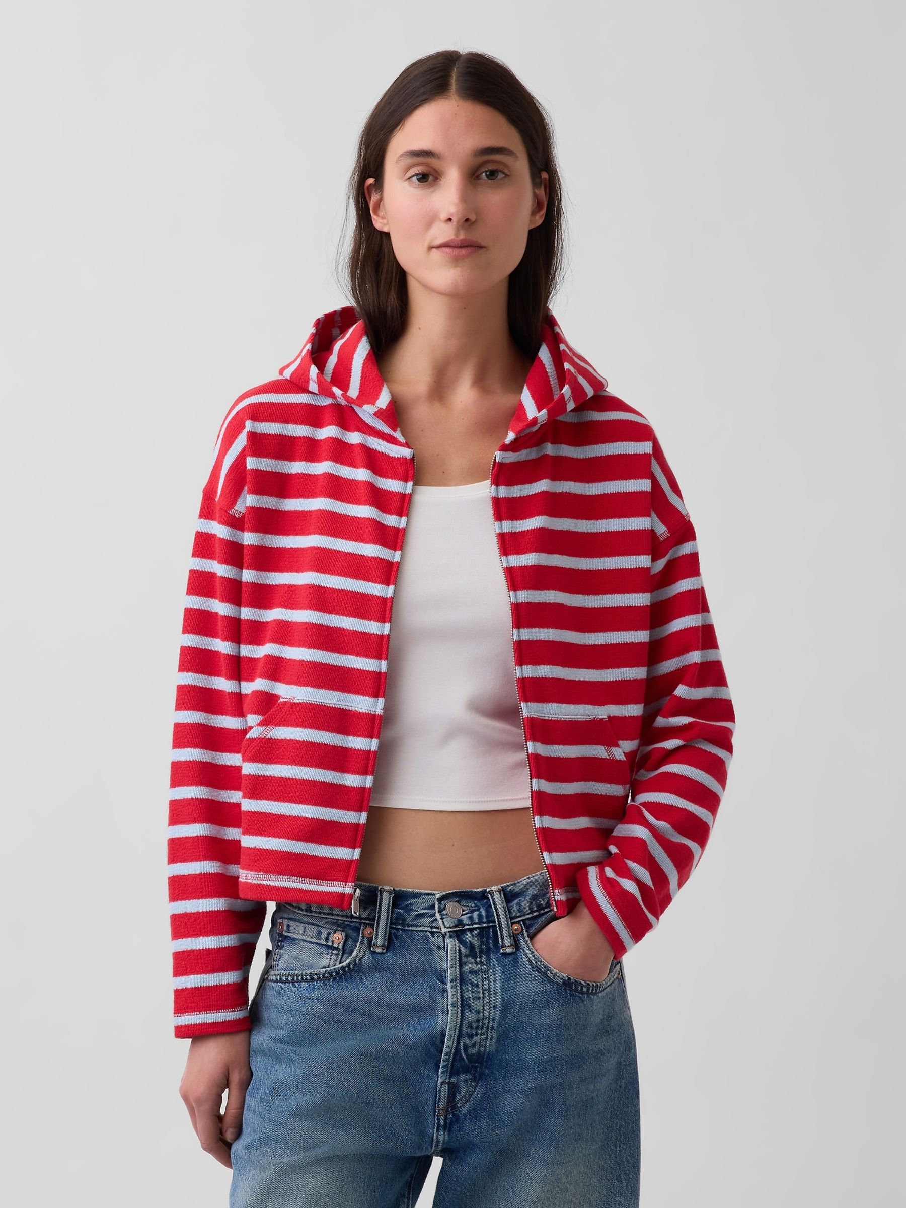 Red Towel Terry Oversized Stripe Zip Hoodie - Image 1 of 4