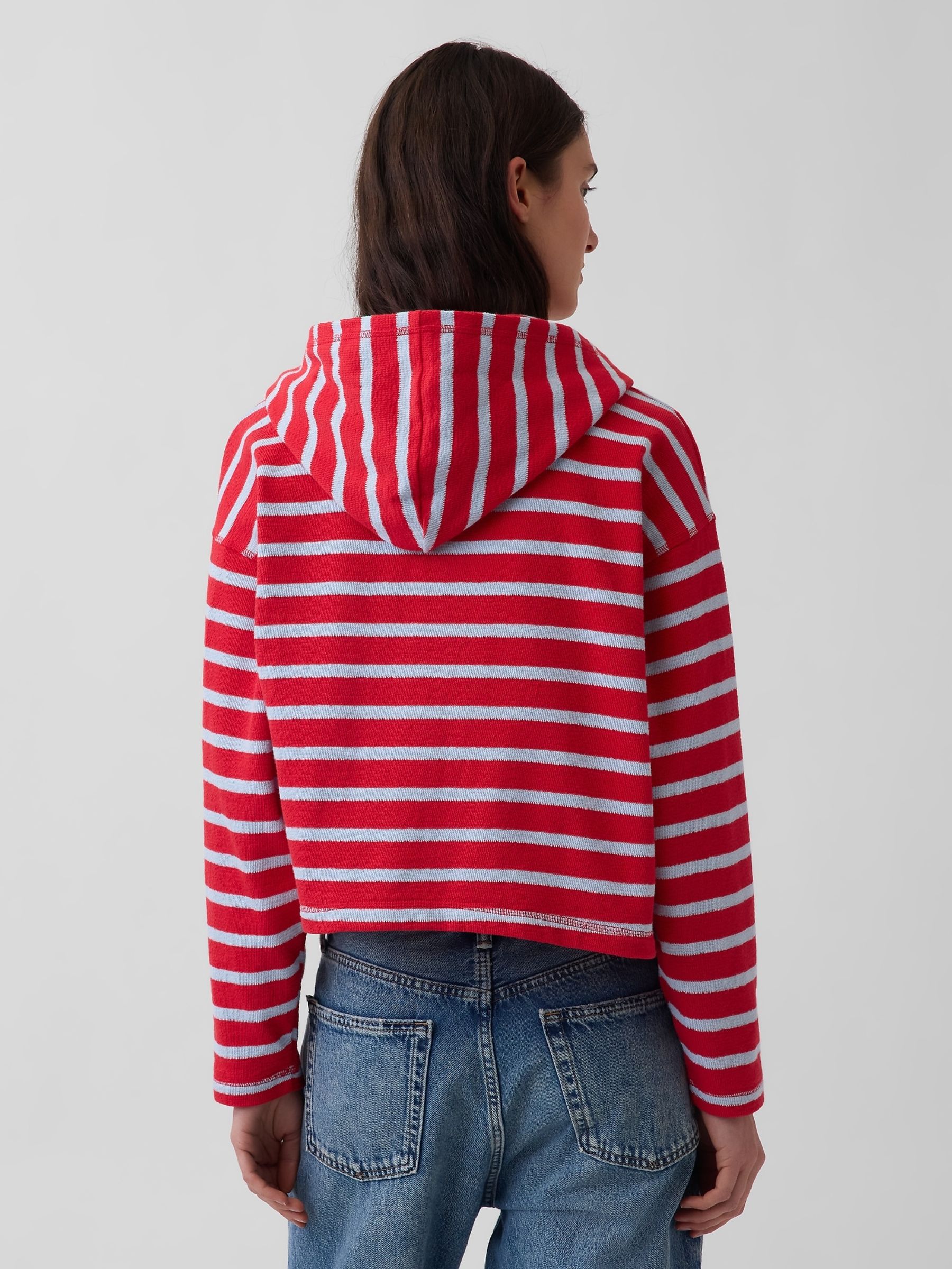 Red Towel Terry Oversized Stripe Zip Hoodie - Image 2 of 4