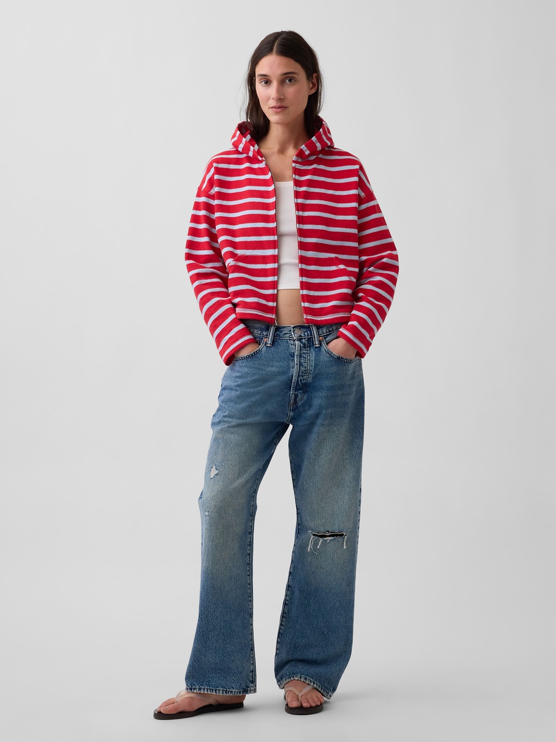 Red Towel Terry Oversized Stripe Zip Hoodie - Image 3 of 4