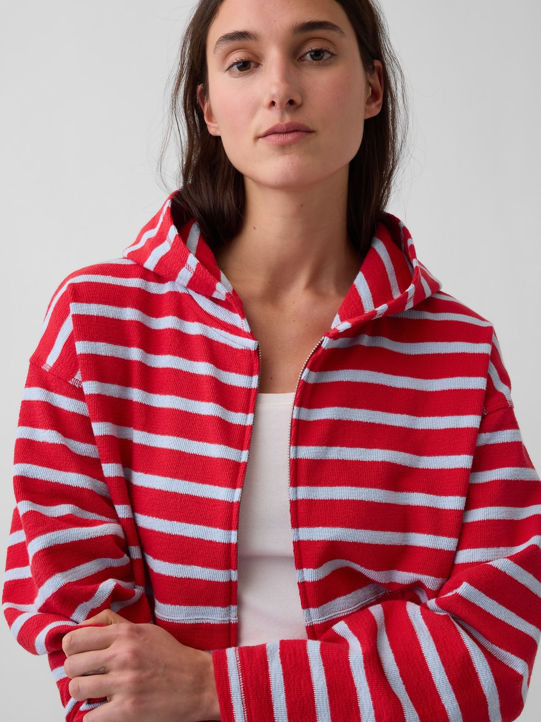 Red Towel Terry Oversized Stripe Zip Hoodie - Image 4 of 4