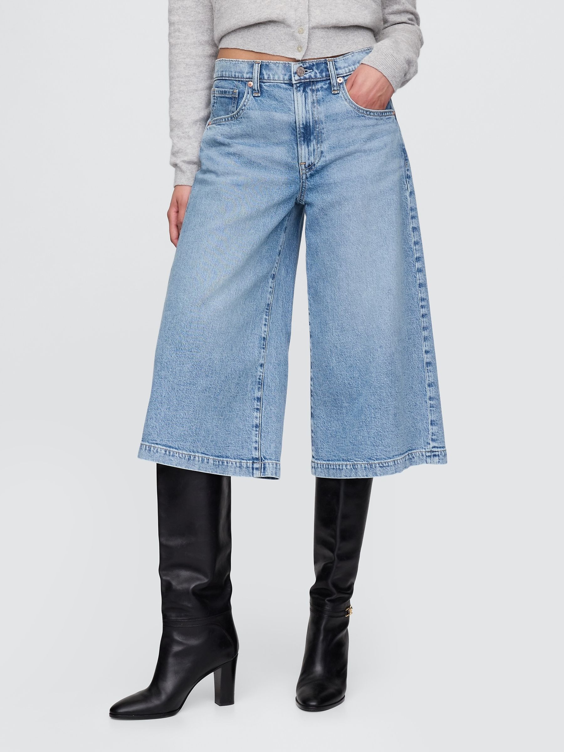 Light Wash High Waisted Culotte Jeans - Image 3 of 6