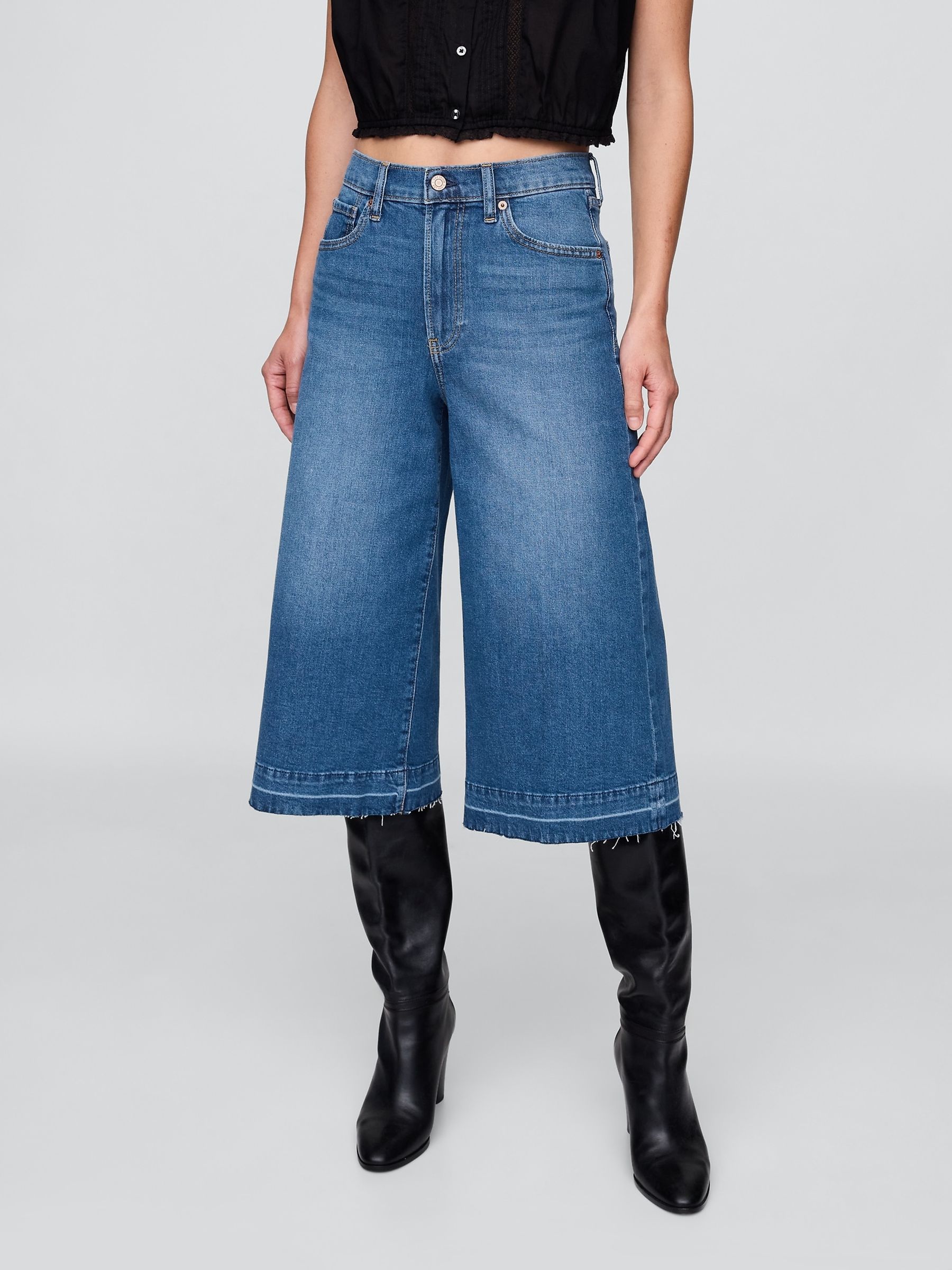 Medium Wash High Waisted Culotte Jeans - Image 1 of 6
