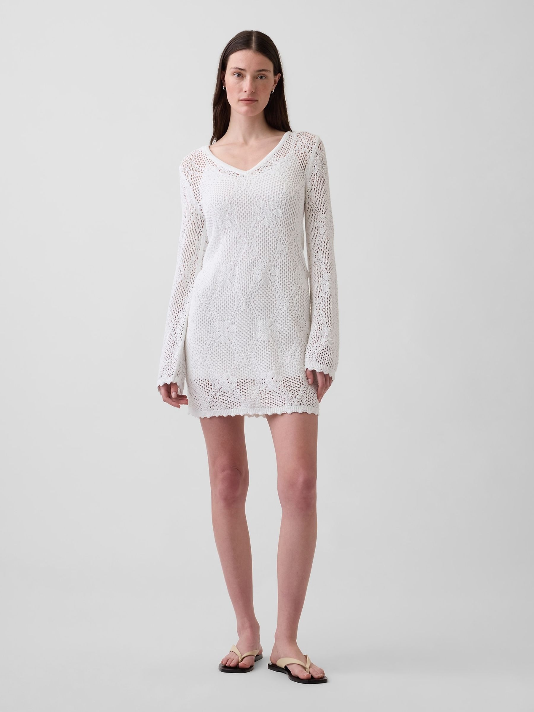 White Pointelle Mini Long Seeve Dress - Image 1 of 4