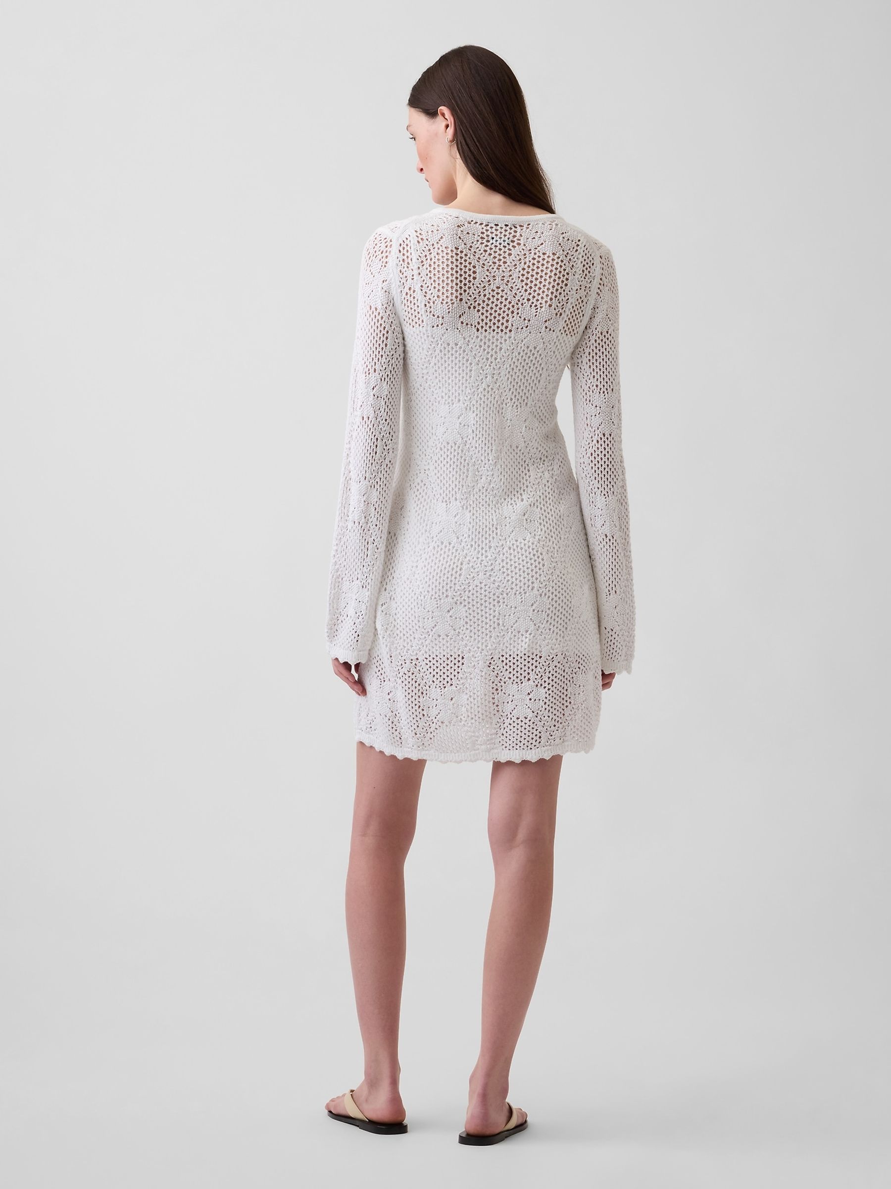 White Pointelle Mini Long Seeve Dress - Image 2 of 4