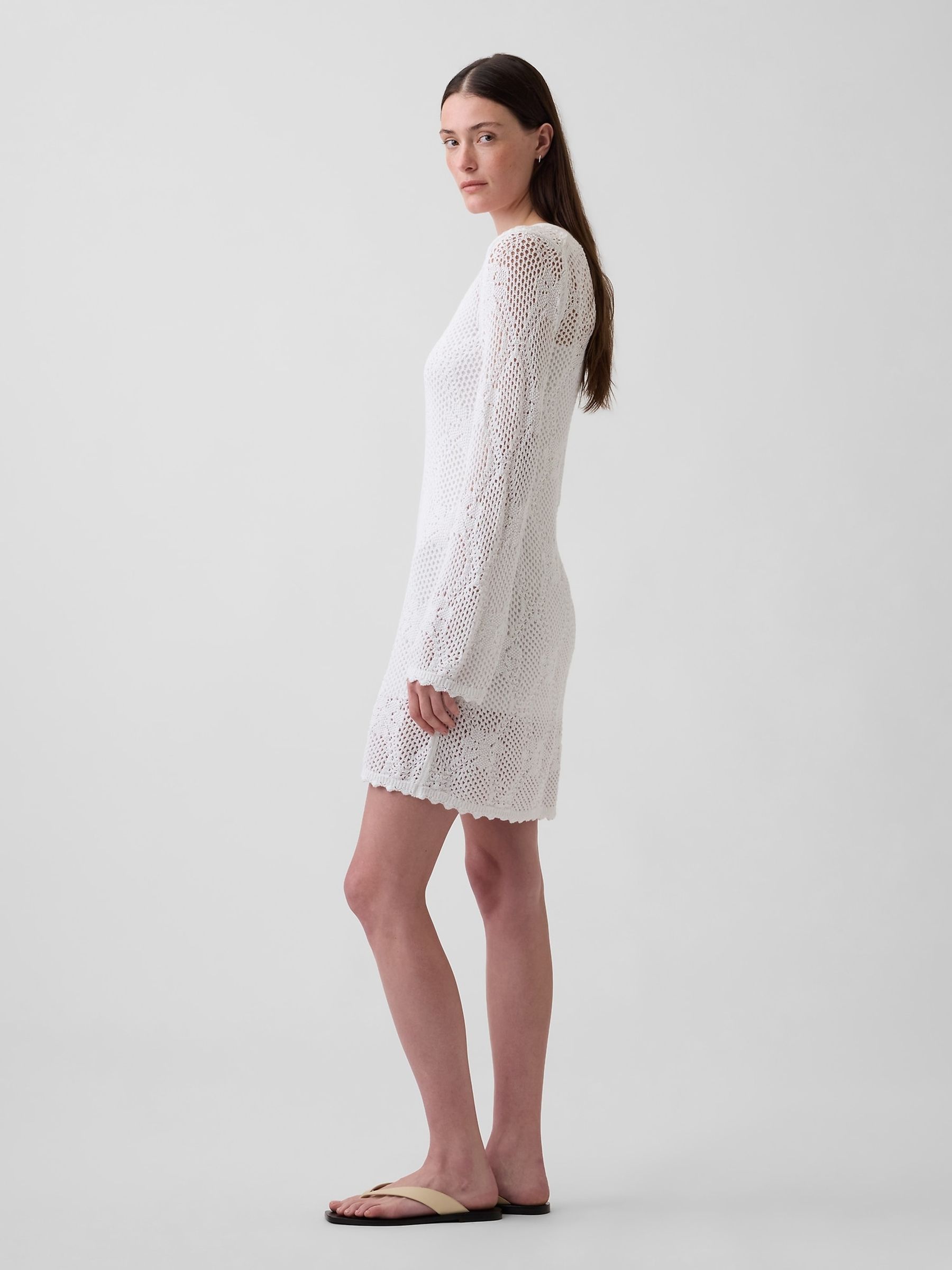 White Pointelle Mini Long Seeve Dress - Image 3 of 4