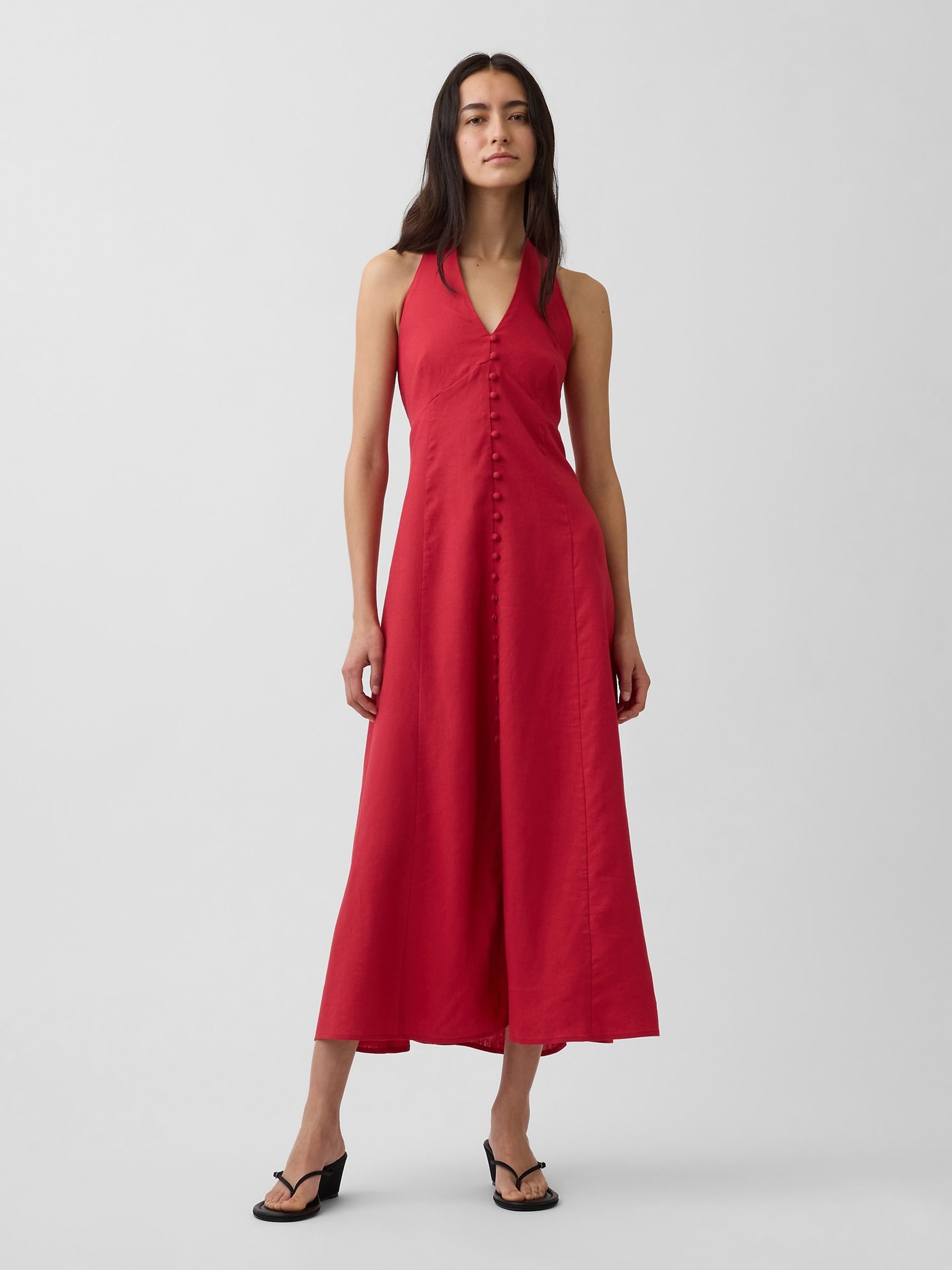 Red Linen-Blend Halter Maxi Dress - Image 1 of 4 Red Linen-Blend Halter Maxi Dress - Image 1 of 4
