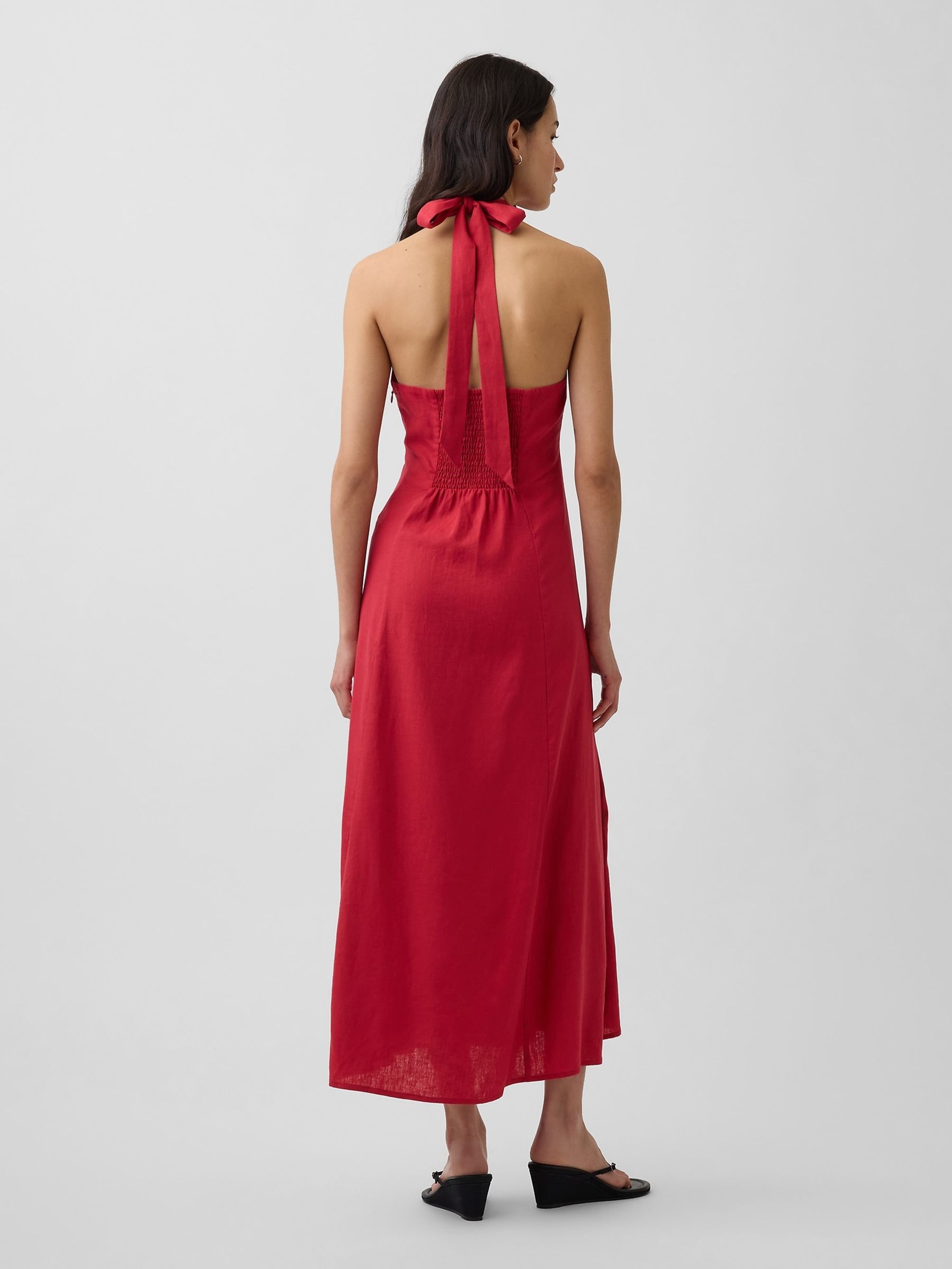 Red Linen-Blend Halter Maxi Dress - Image 2 of 4