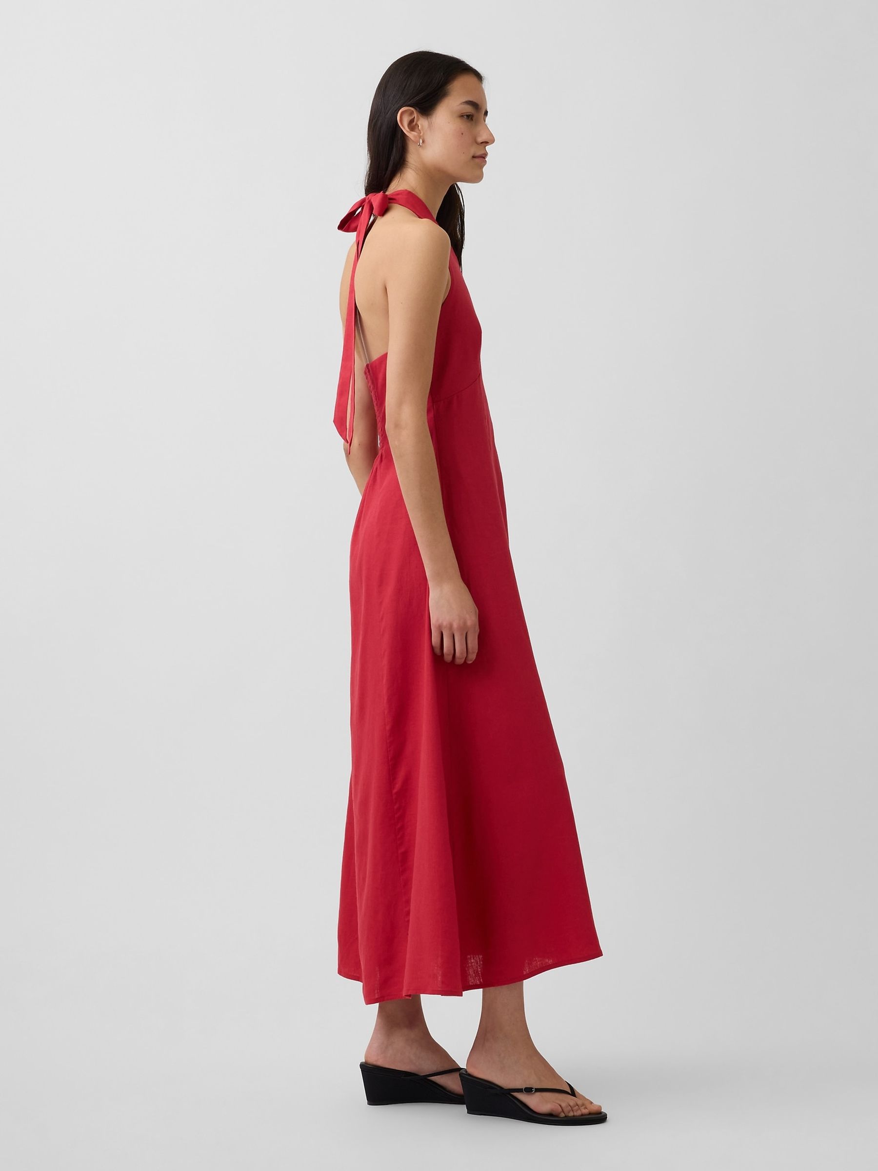Red Linen-Blend Halter Maxi Dress - Image 3 of 4