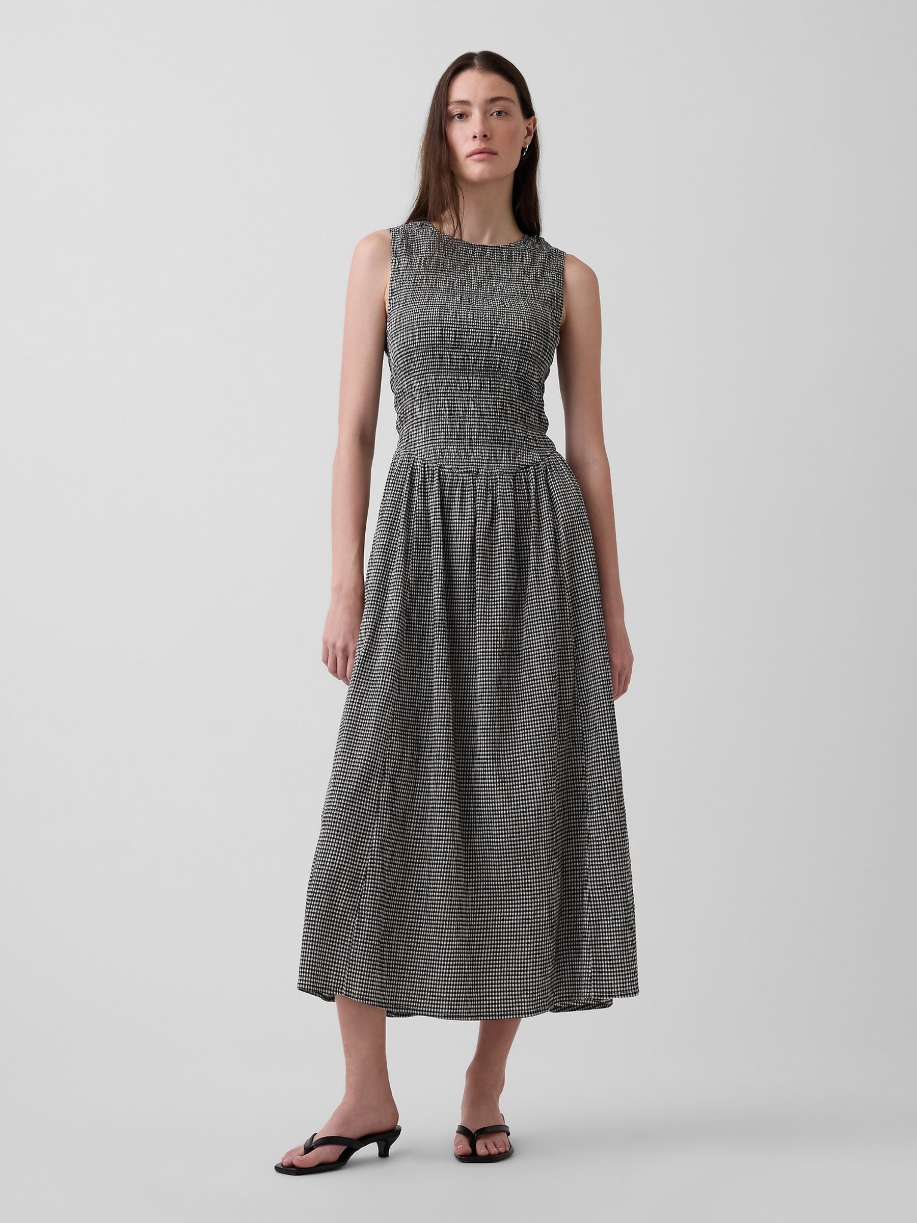 Black Gingham Smocked Drop-Waist Sleeveless Maxi Dress - Image 1 of 4