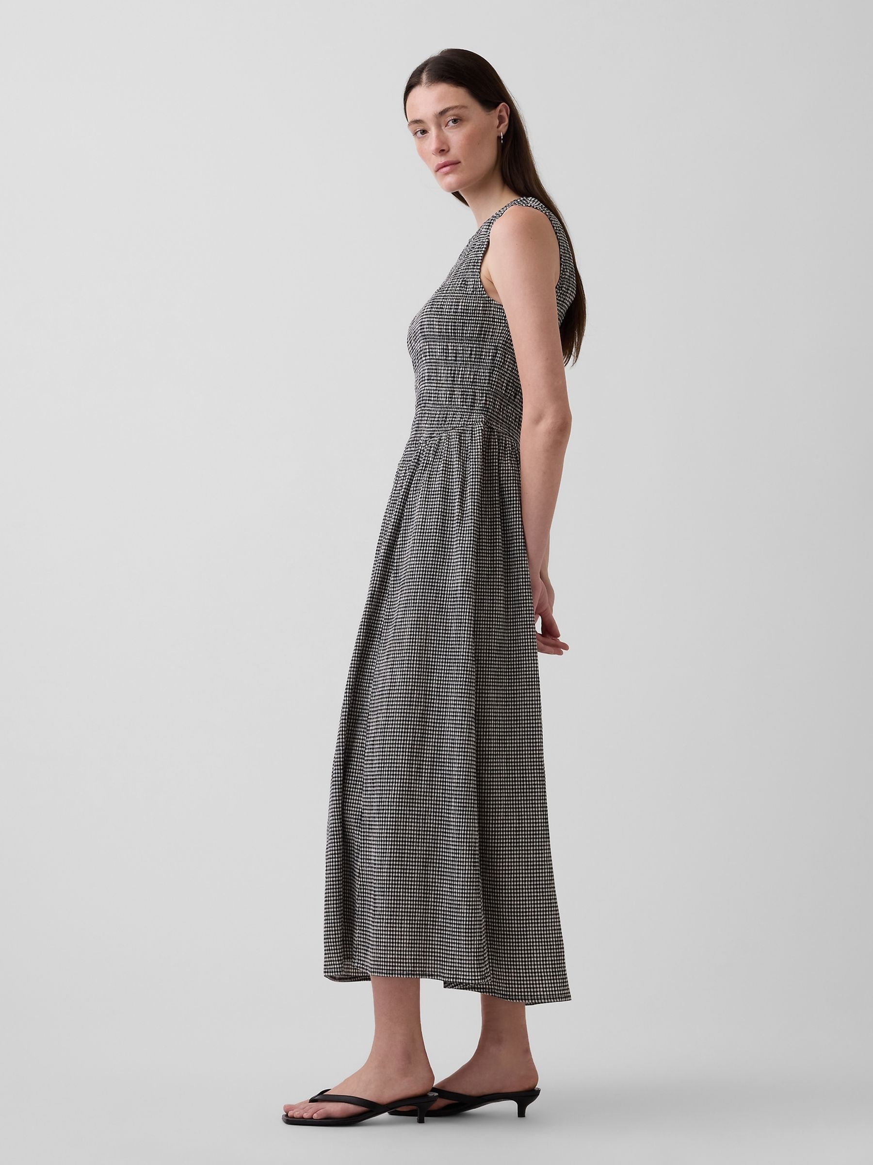 Black Gingham Smocked Drop-Waist Sleeveless Maxi Dress - Image 3 of 4