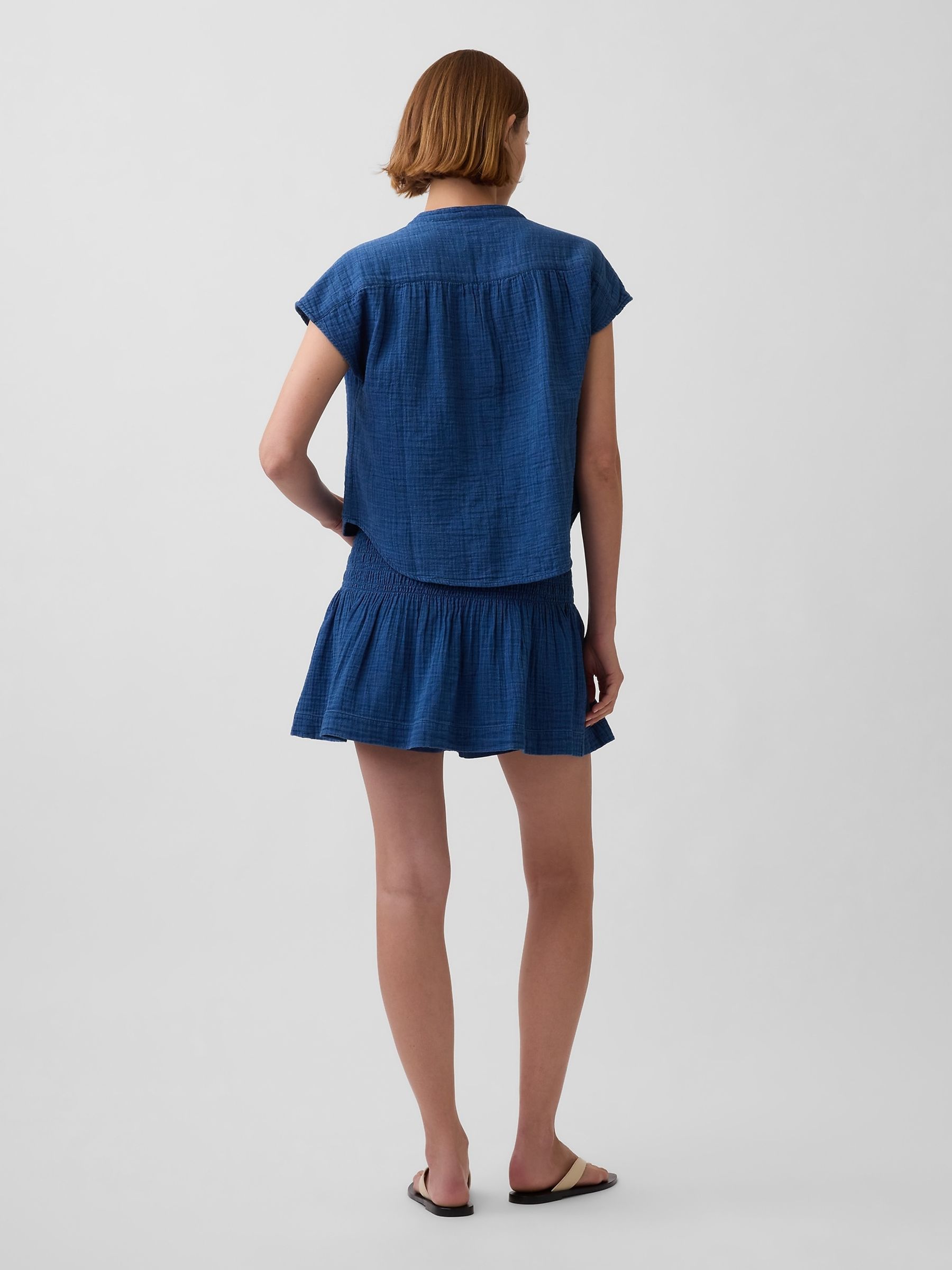 Blue Gauze Denim Smocked Waist Mini Skort - Image 2 of 5 Blue Gauze Denim Smocked Waist Mini Skort - Image 2 of 5