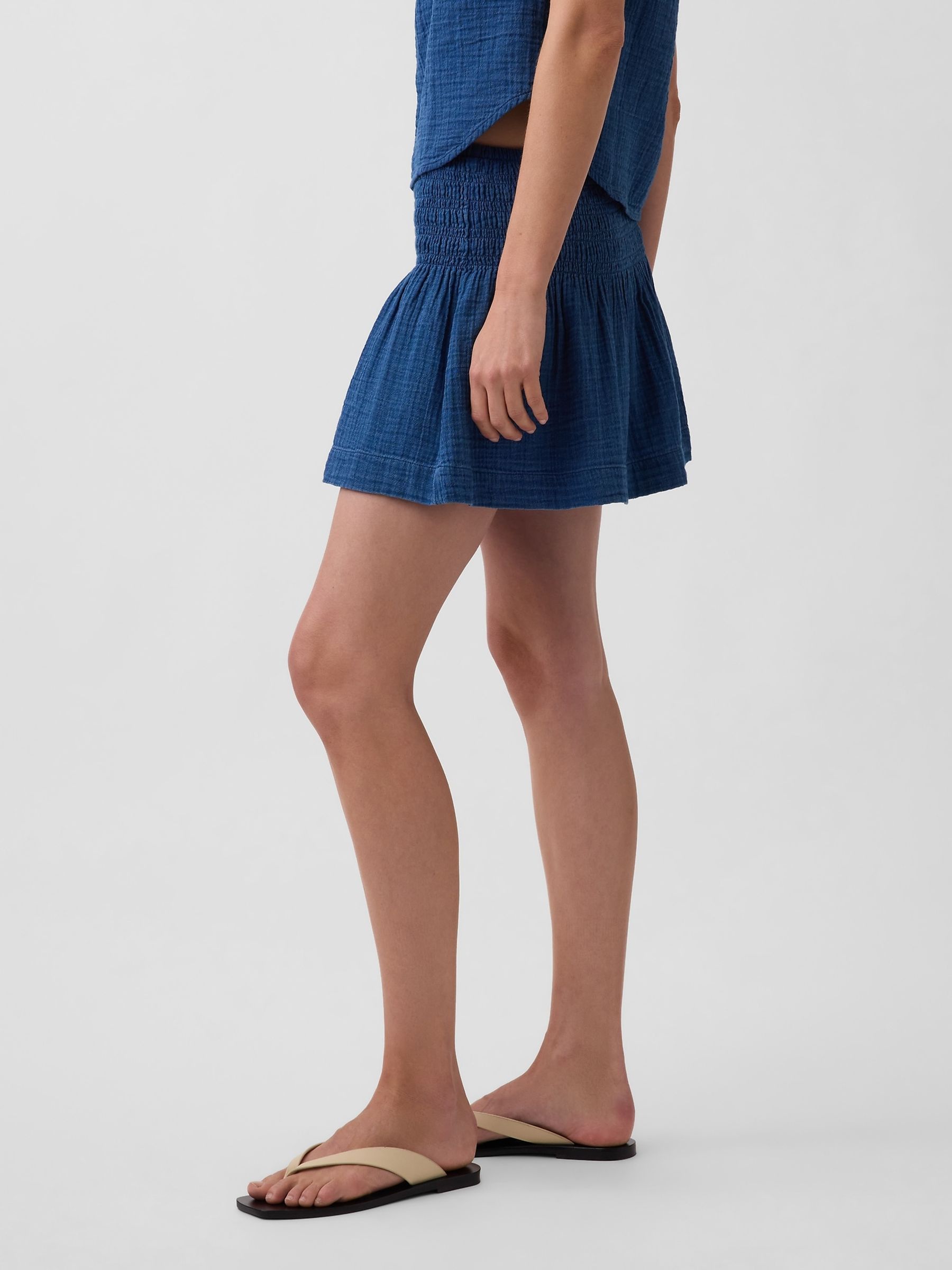 Blue Gauze Denim Smocked Waist Mini Skort - Image 3 of 5