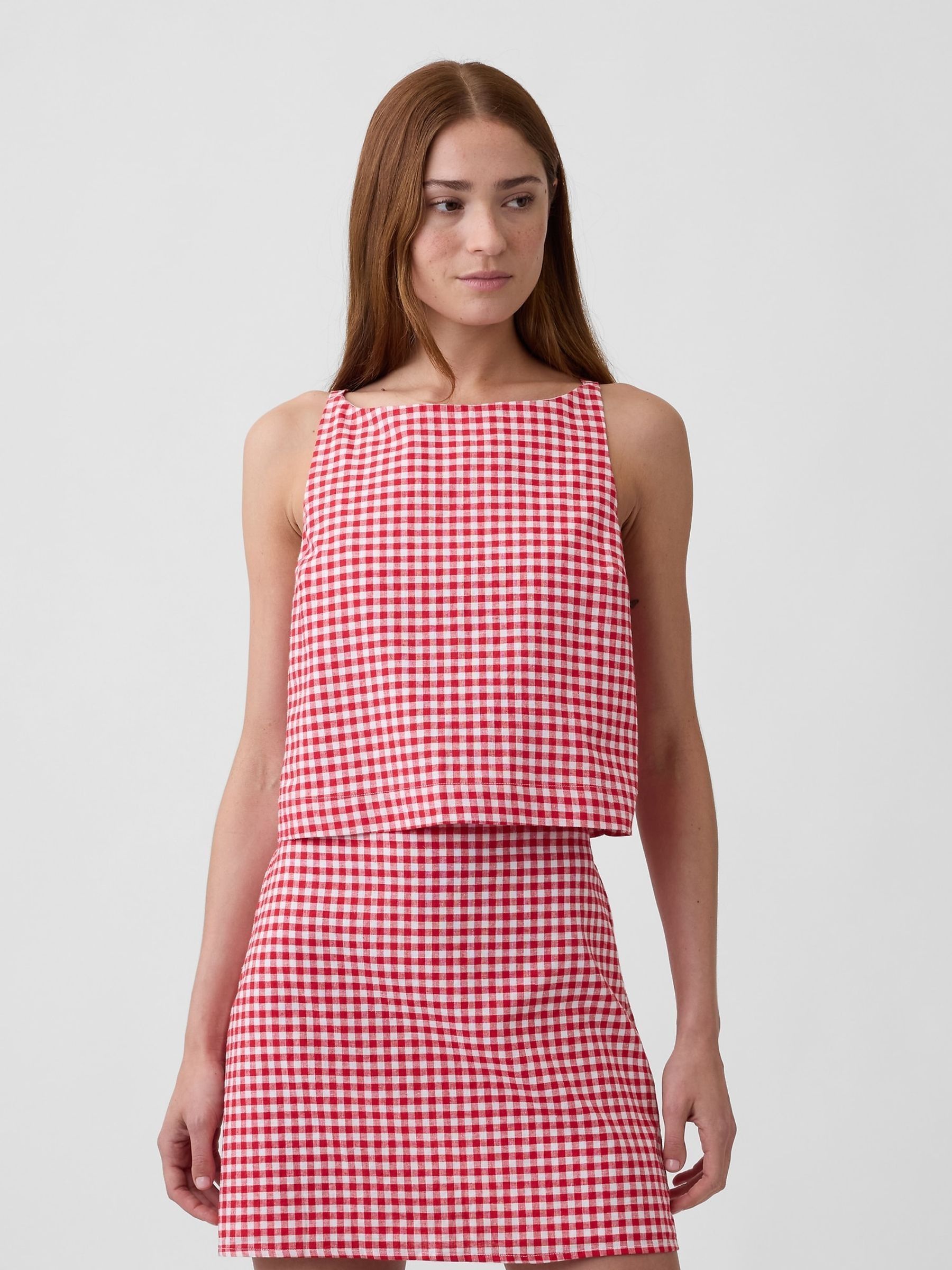 Red Check Linen-Blend Apron Top - Image 1 of 5