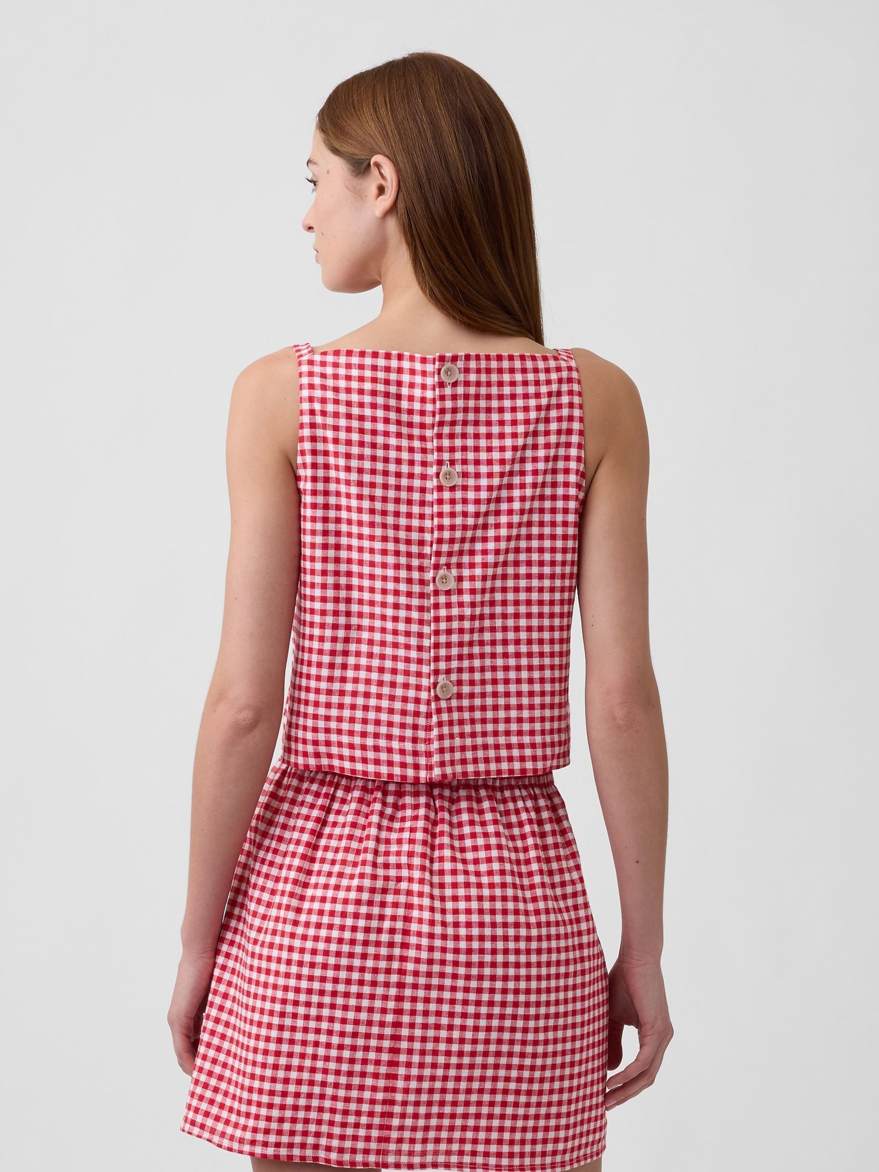 Red Check Linen-Blend Apron Top - Image 2 of 5