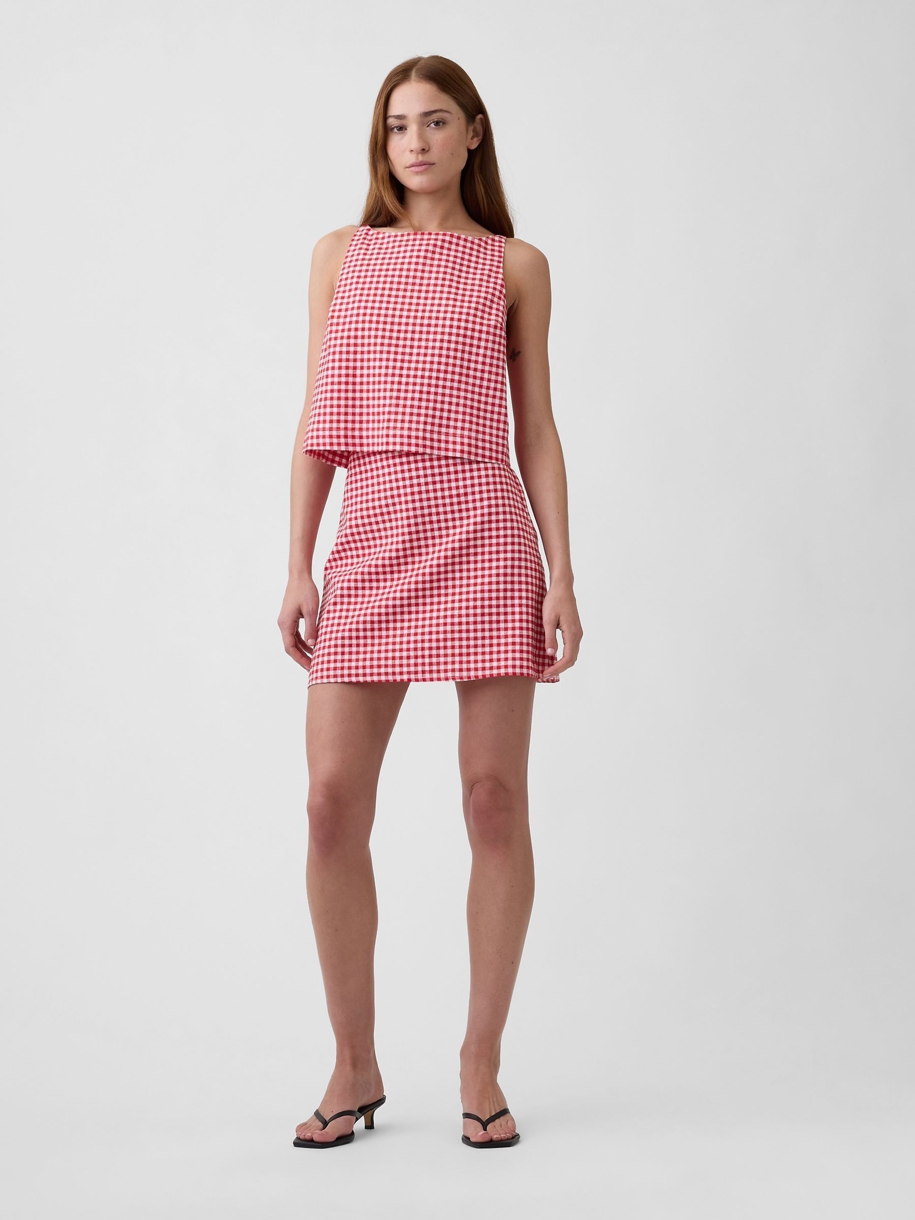 Red Check Linen-Blend Apron Top - Image 3 of 5