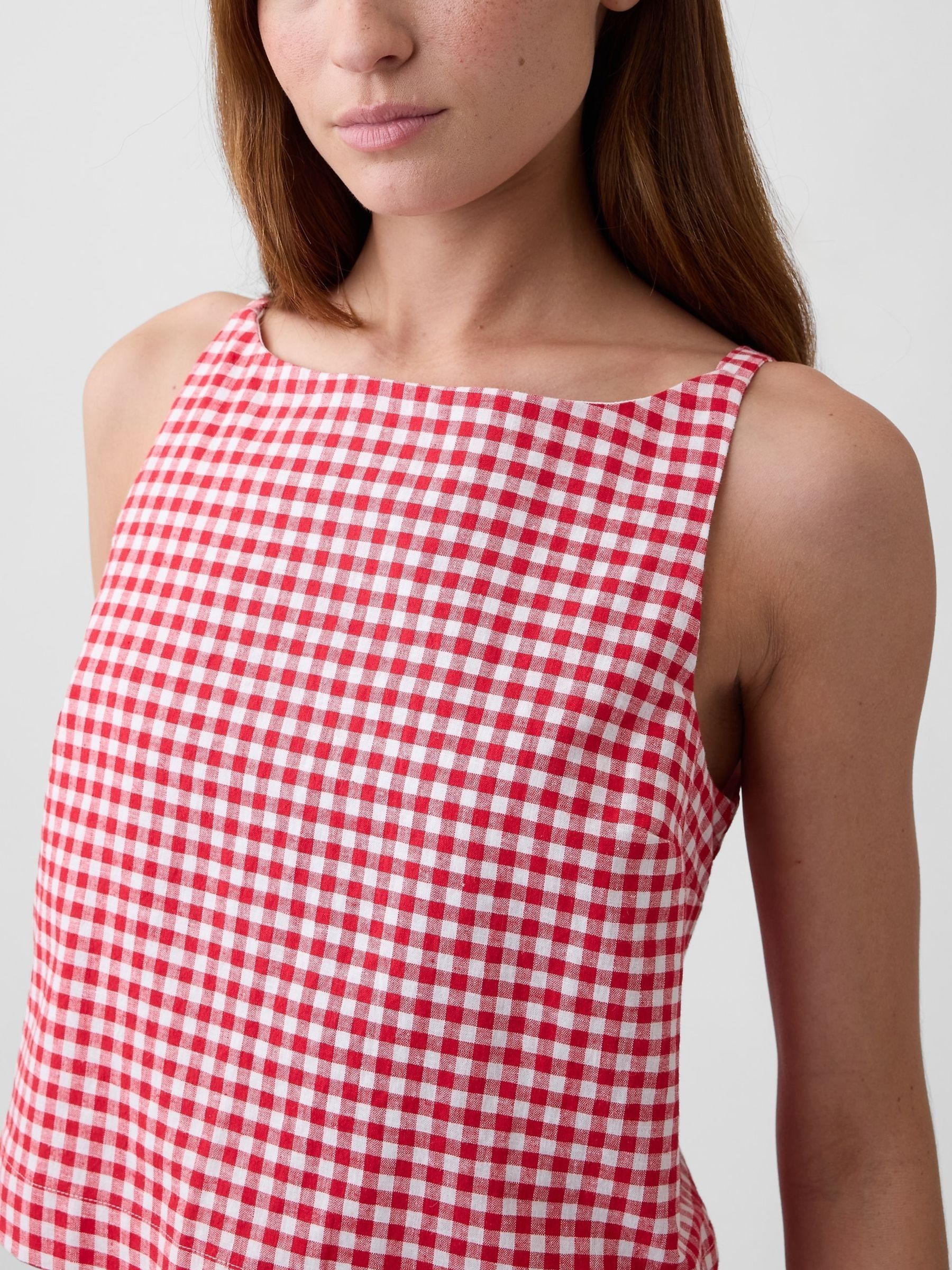 Red Check Linen-Blend Apron Top - Image 4 of 5